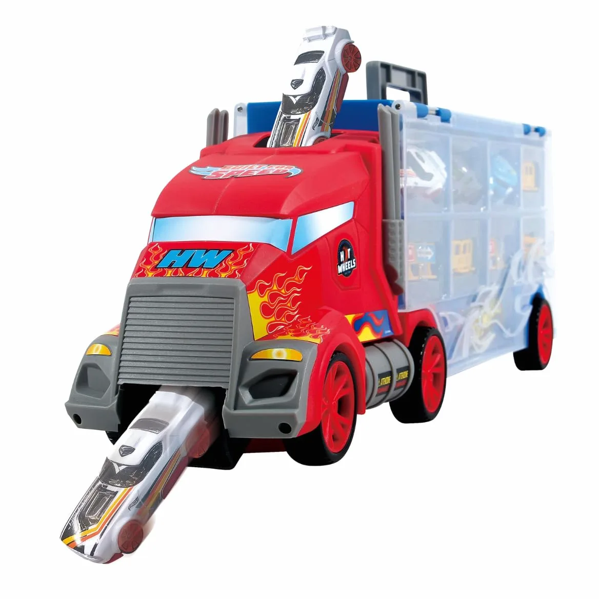 ODS 42034 Hot Wheels Transporter 50, Valigetta Bisarca con 4 Auto Originali, blu