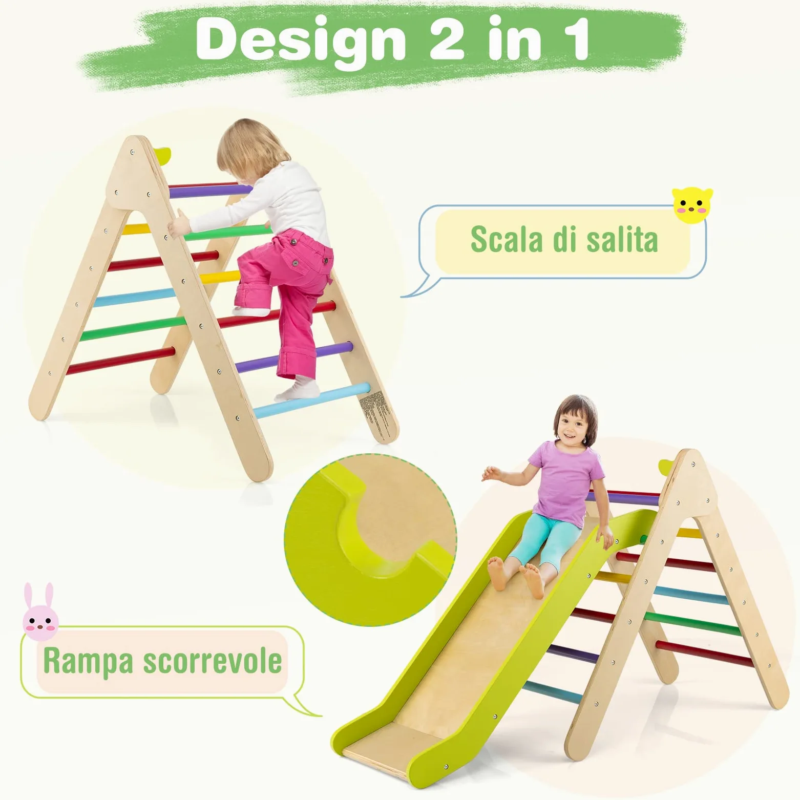 COSTWAY 2 in 1 Set da Arrampicata con Scivolo per Bambini, Triangolo di Arrampicata in Legno Regolabile a Gradi, Giocattolo per Arrampicarsi all’Interno, 1 Anno+ (Colorato)
