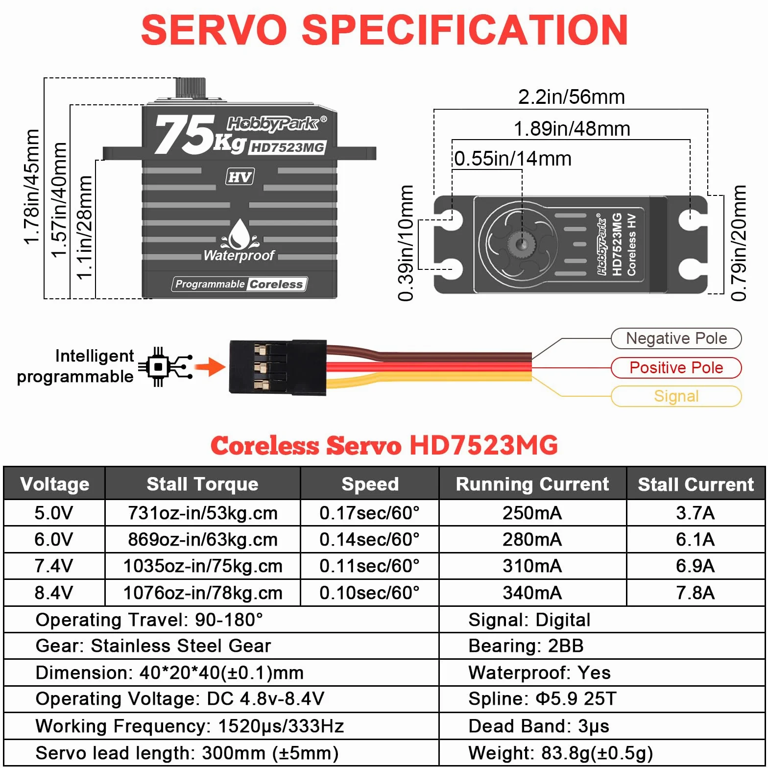 HobbyPark Impermeabile 75kg Alta Coppia RC Sterzo Servos Coreless Motore Digitale Servo Standard Size HV Ingranaggi in Metallo per 1/8 1/10 RC Crawler Auto Camion Buggy Basher Bashing 180 ° Custodia