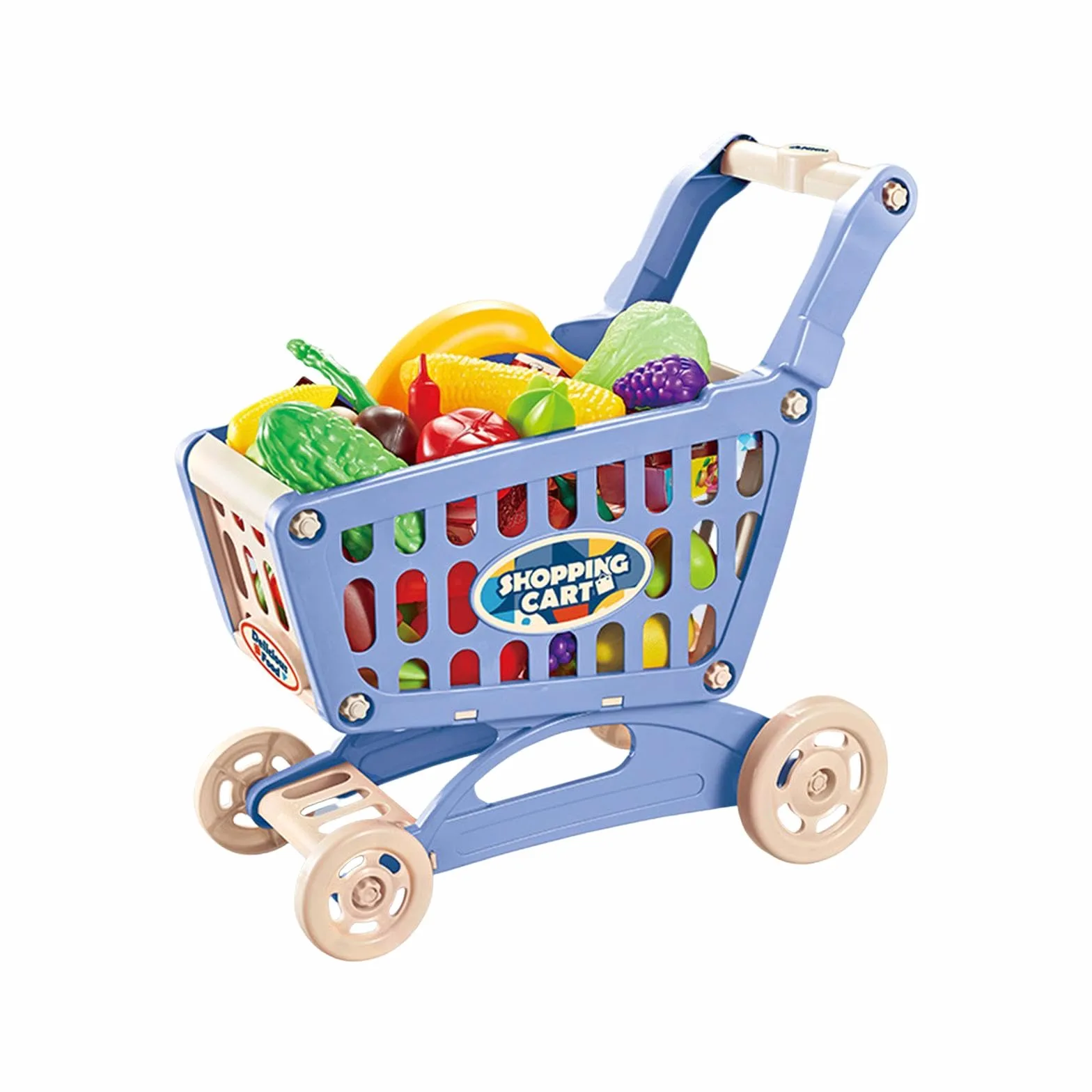Set di Gioco con Carrello, Carrello della Spesa Giocattolo, Grande capacità con Accessori Alimentari, Mano da Supermercato Giocattolo per a, Blu