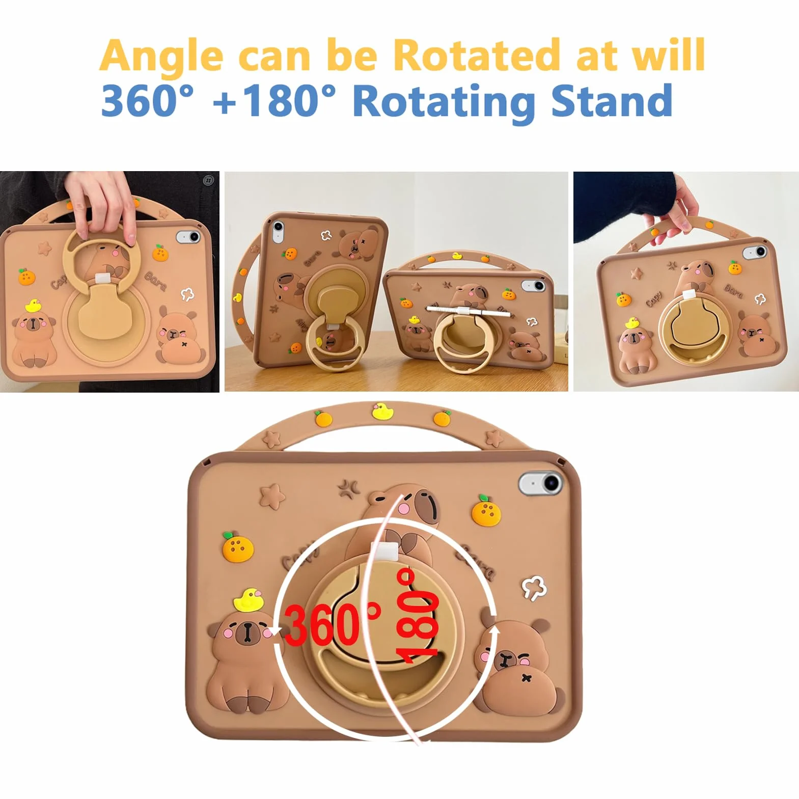 Custodia Bambini Compatibile con iPad (A16) 11a/10a Generazione (2025/2022), Antiurto Silicone Capybara Cover con Portapenna, Supporto per Maniglia, Tracolla