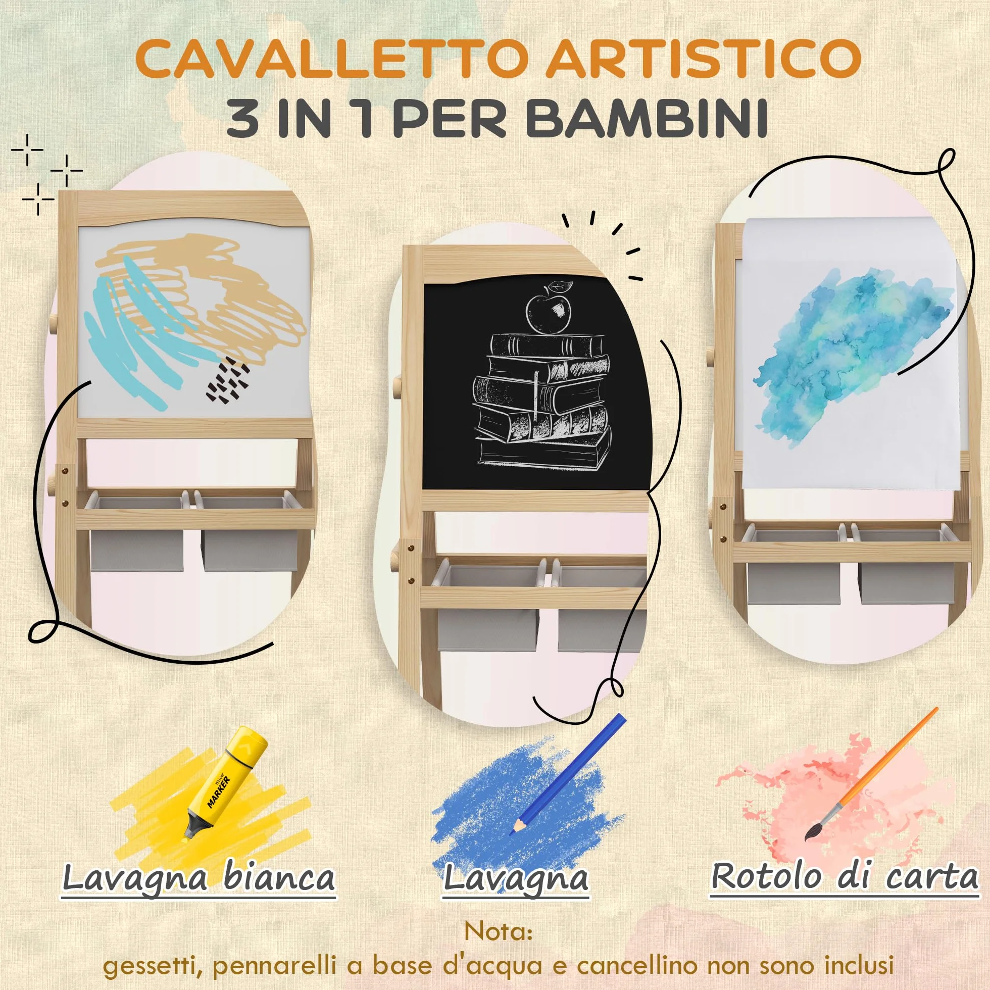 AIYAPLAY Lavagna per Bambini 3 in 1 Multiattività con Due Cestini, Cavalletto Artistico in Legno 58x50.5x109cm
