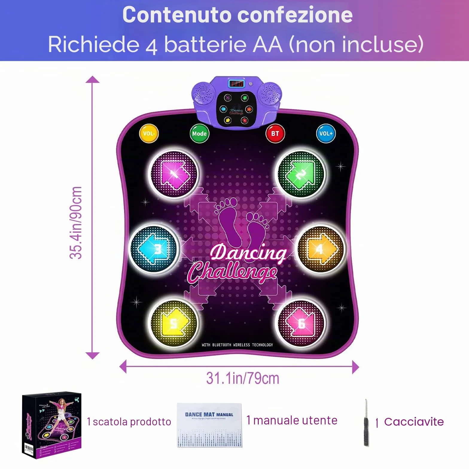 Bambini Tappetino da Ballo Bluetooth con 6 Luci Frecce, Elettronico Musica Dance Mat Volume Regolabile 3-8+ Anni Regalo Natale