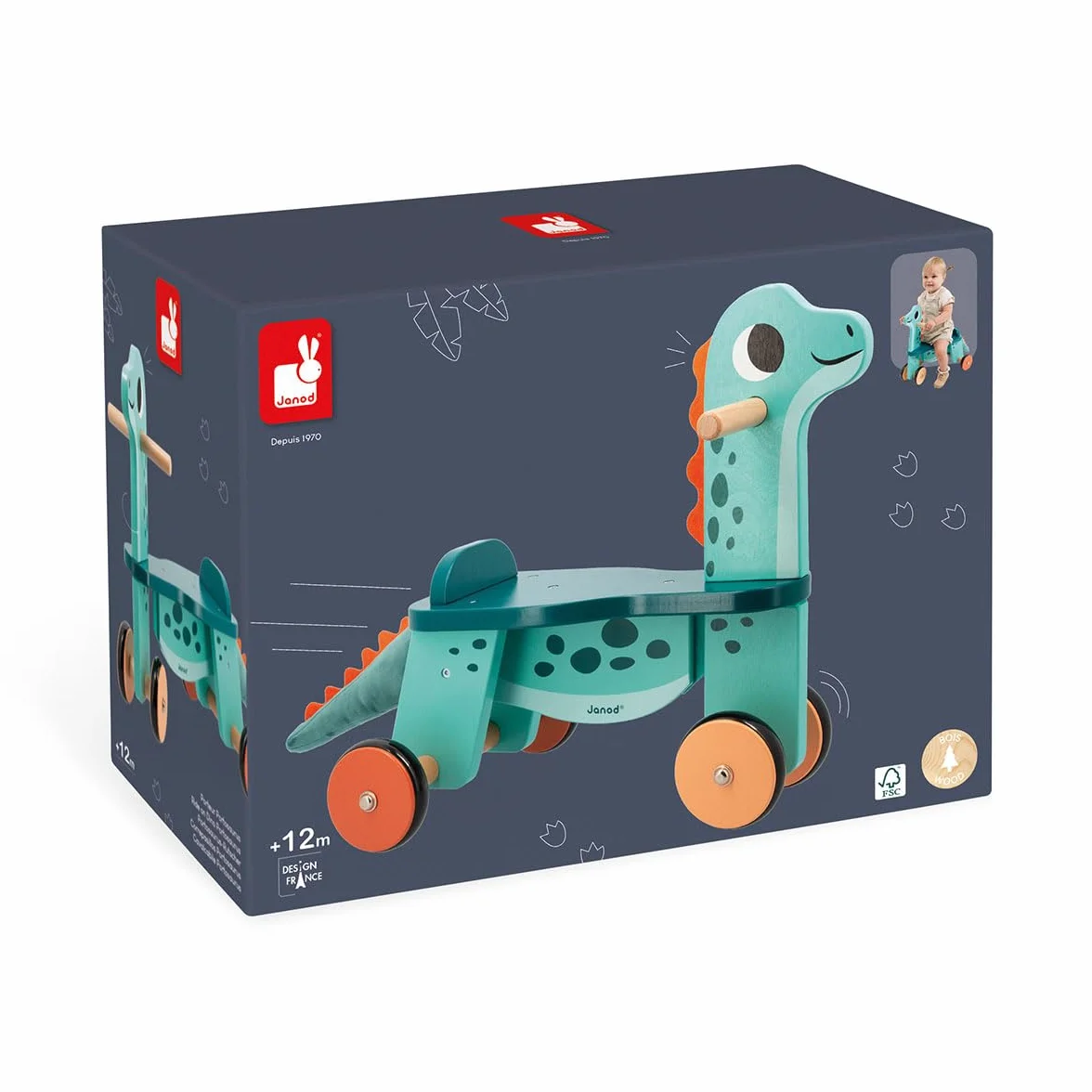 Janod Cavalcabile Dinosauro Portosauro Altezza Sedile 21 cm Coda Peluche Removibile Giocattolo Multisensoriale Legno FSC dai 12 Mesi