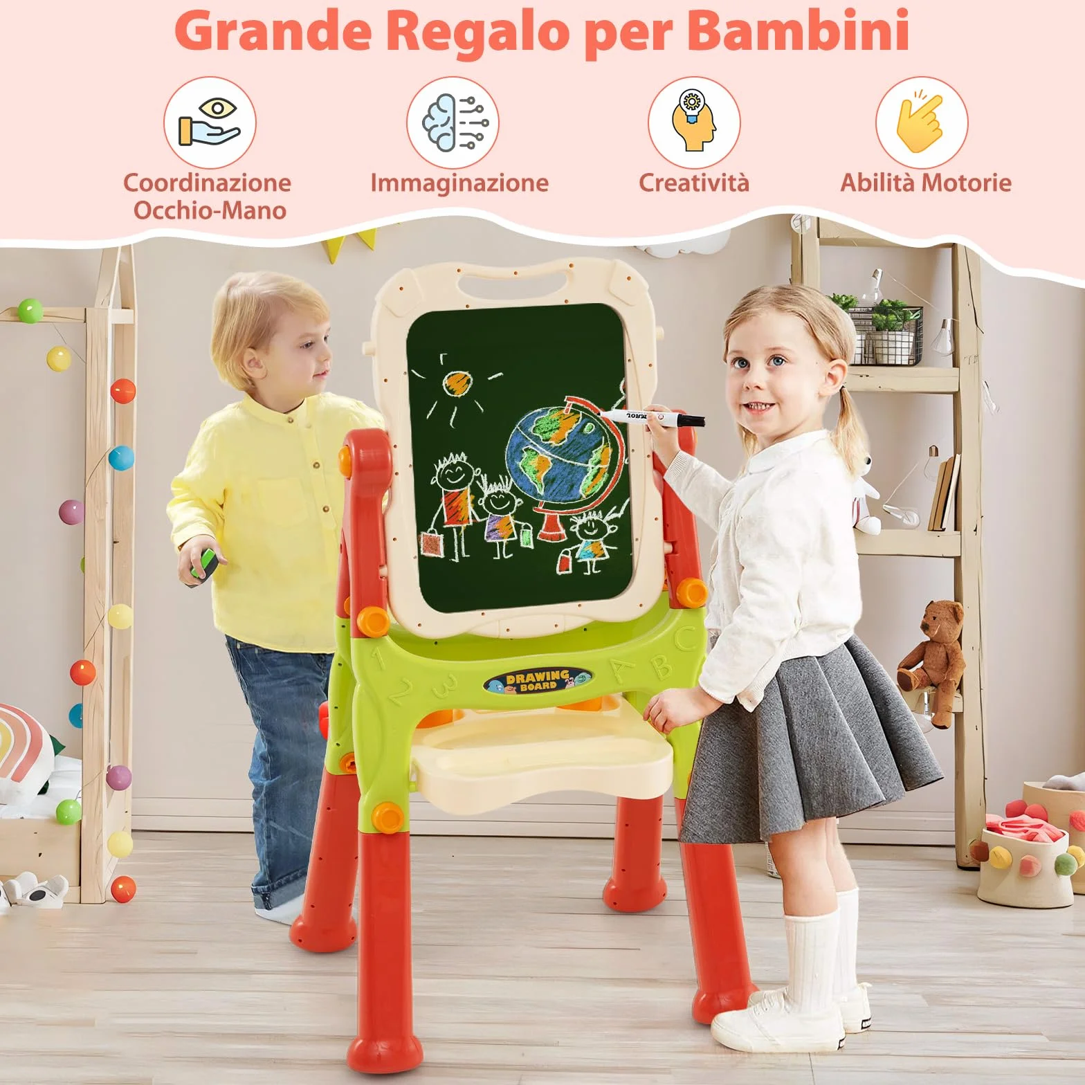 GYMAX Lavagna Magnetica per Bambini, Cavalletto da Disegno Doppio Lato con Lavagna, Tavolo da Disegno Portatile con Maniglia, Altezza Regolabile per Bambini 3+ Anni (Rosso)