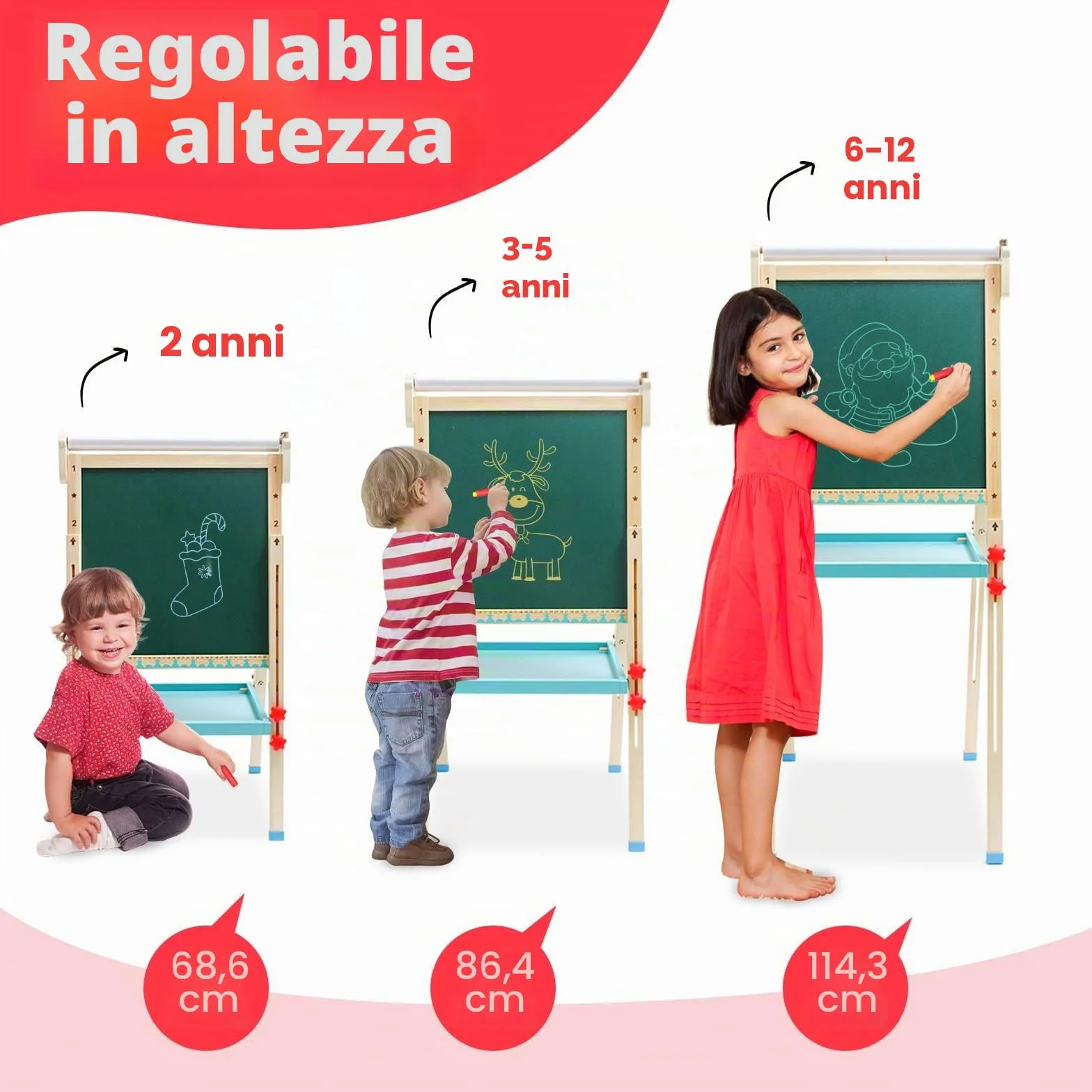 Lavagna per Bambini a Doppia Faccia con Cavalletto Regolabile, Giochi Educativi 3+ Anni