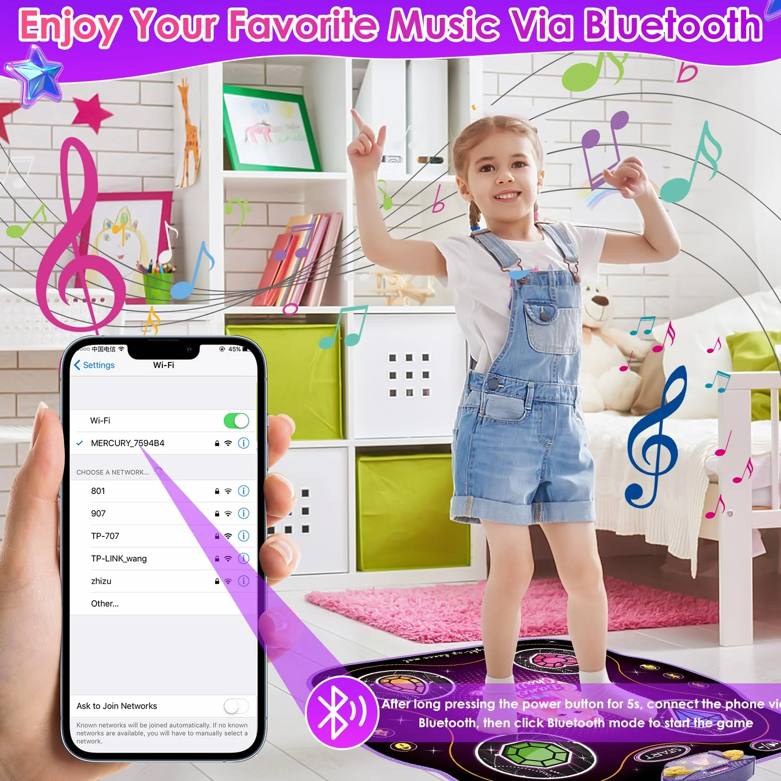 ZWOOS Tappetino da Ballo per Bambini 3-10+ Anni, Tappetini da Ballo con Bluetooth, Tappeto Musicale Regalo Bambina 3-12+ Anni