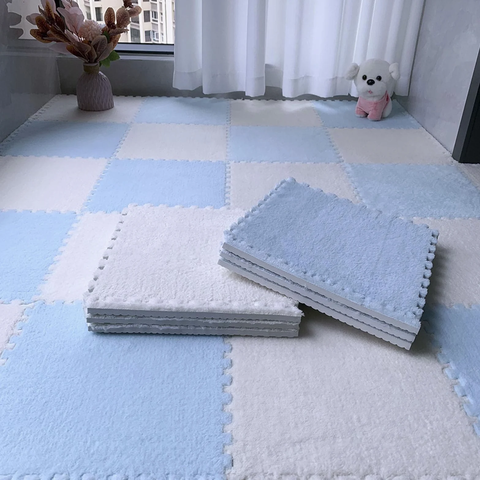Tappeto da Pavimento in Schiuma Morbida Splice Interlocking Carpet, Tappeto da Puzzle ad Incastro, 24 Pezzi di Tappetino da Arrampicata colorato, Tappeto da Arrampicata i,Blue+White