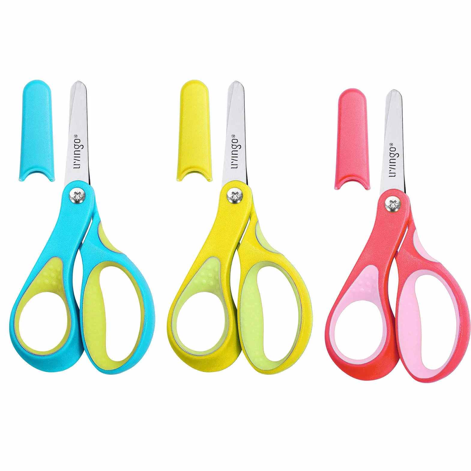 LIVINGO Forbici per mancini per bambini, 12,7 cm, punta smussata, forbici di sicurezza per bambini, bambini piccoli, classi, carta per bricolage, giallo, rosa, blu, 3 pezzi