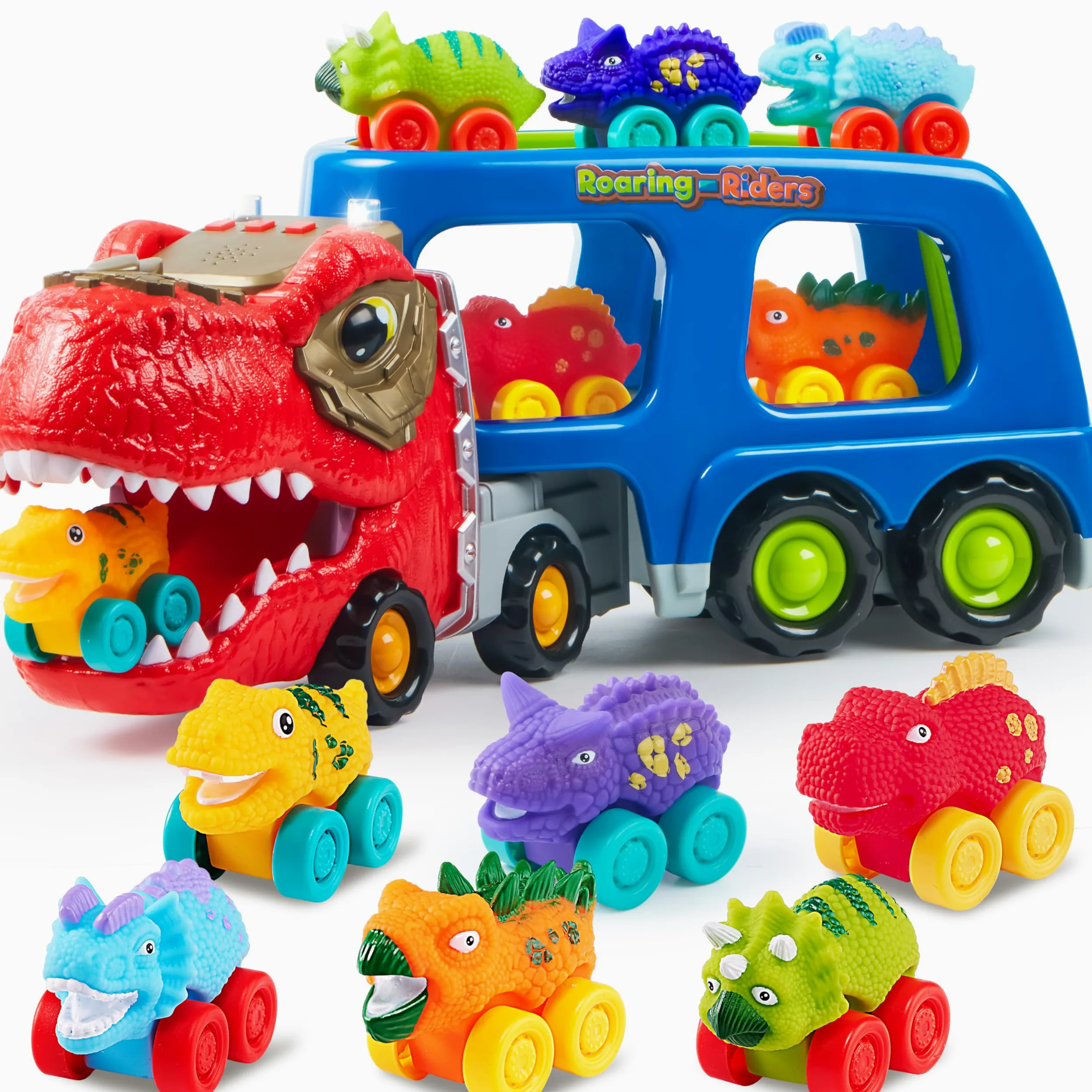 JOYIN Mini Camion Trasportatore di Dinosauri con 6 veicoli Giocattolo in Gomma Morbida, con Musica e Suono Forte, Luci Lampeggianti, Regali per Ragazzi e Ragazze dai 2 anni in su(Blu)