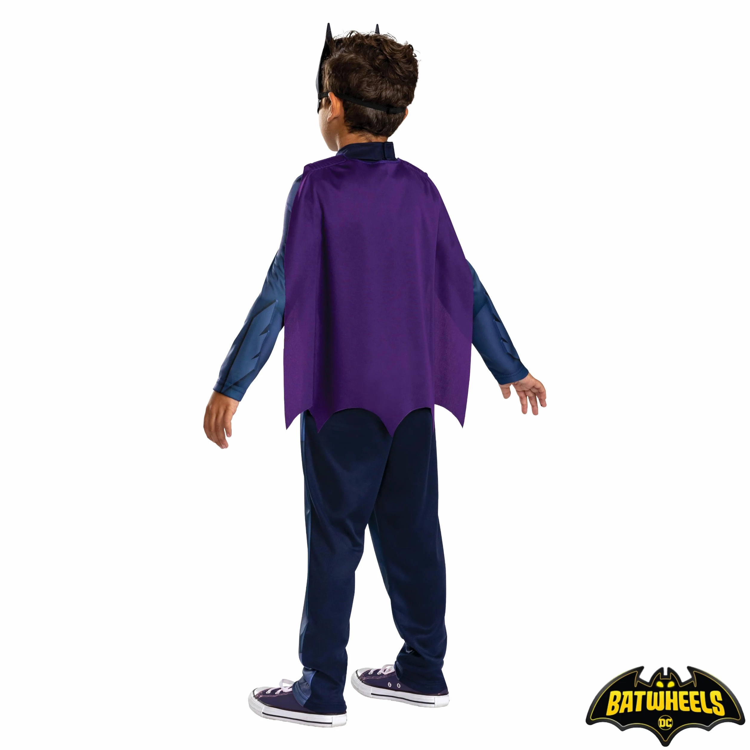 Batwheels Costume da Batman per bambini, ufficiale Batman di Disguise, con petto imbottito blu scuro con emblema pipistrello, include mantello viola e mezza maschera, per età 3-4 e 4-6 anni