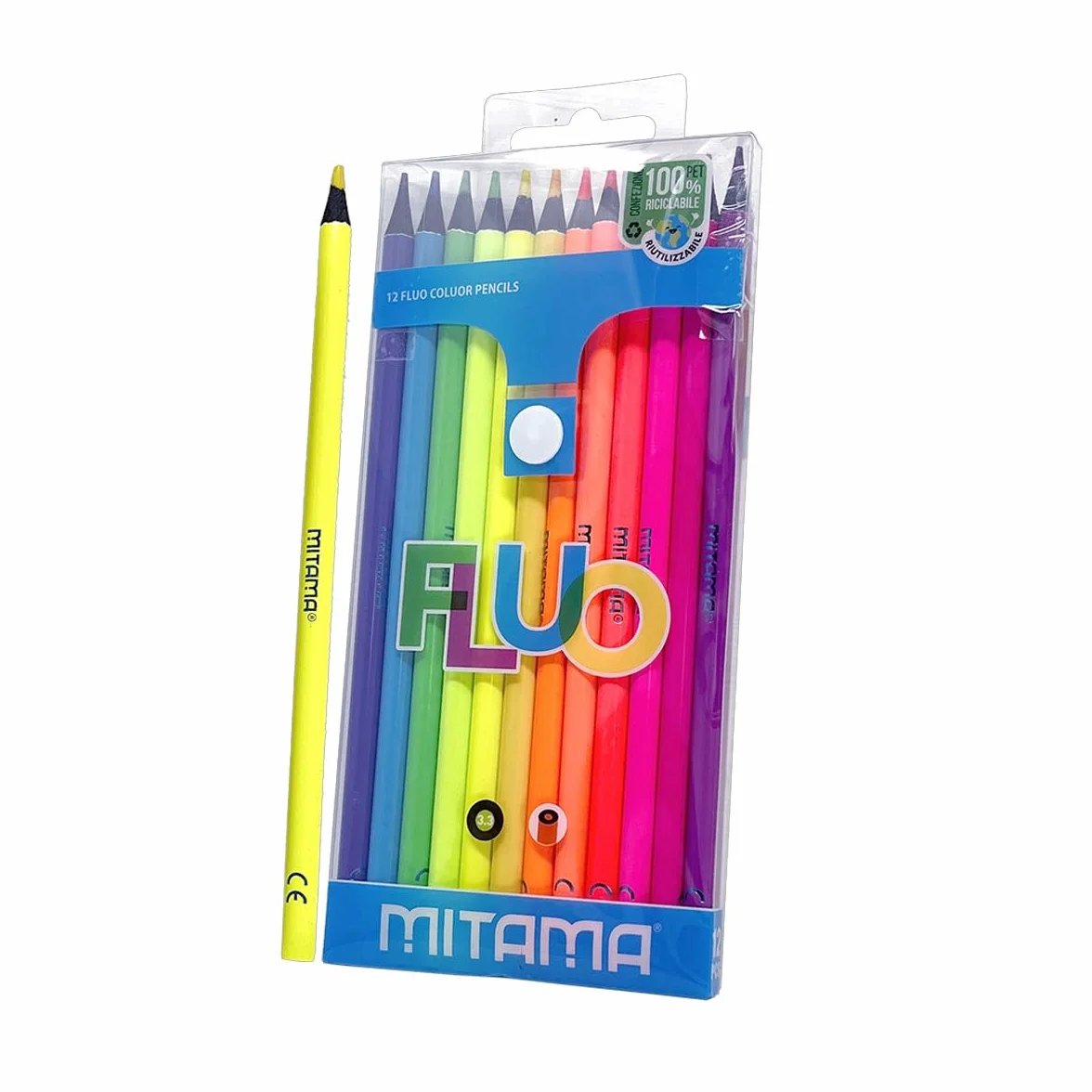 MITAMA - Pastelli Fluo - Confezione da 12 - Pastelli laccati Fluo - Mina con Tratto Grande 3,3 mm - Ideali per disegnare, evidenziare - Colori Scuola - Astuccio Scuola