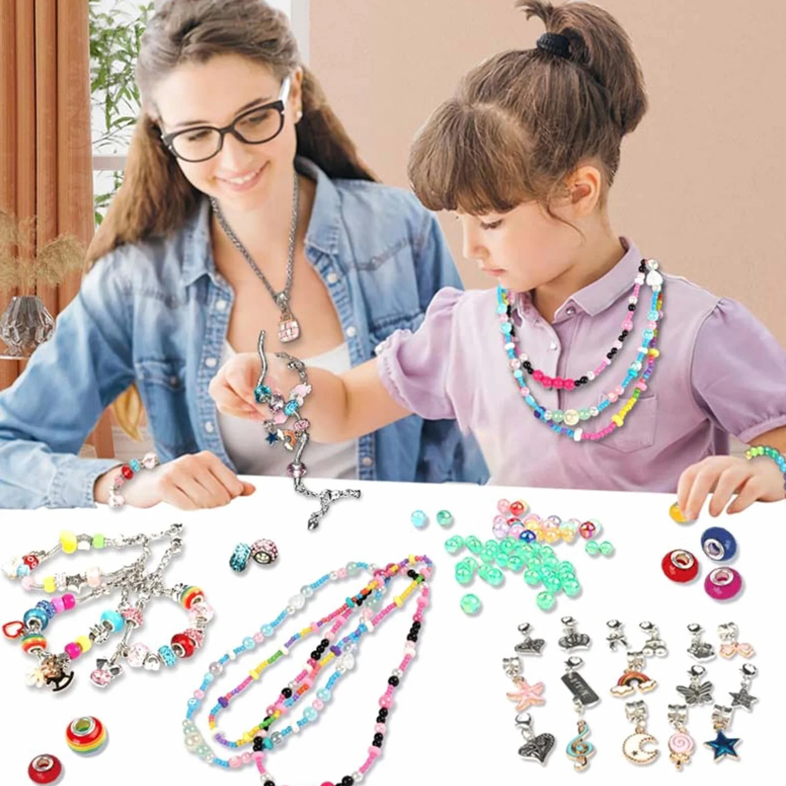 Yorajuy Set per la creazione di braccialetti con ciondoli, kit per la | creazione di gioielli per bambini, kit per creare orecchini, divertenti braccialetti per realizzare bracciali, orecchini e co