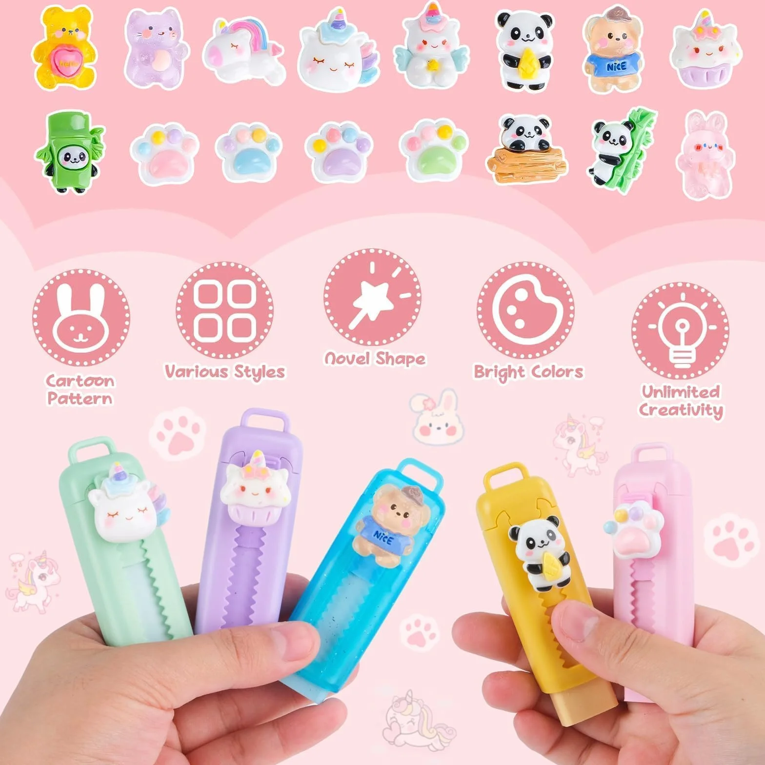 16 Gomme da Cancellare Retrattili per Bambini, Gadget Compleanno Bambini, Motivi 3D Unicorno Panda Orsetto, Gomma da Cancellare, Regalini Fine Festa Scuola 6-10 Anni