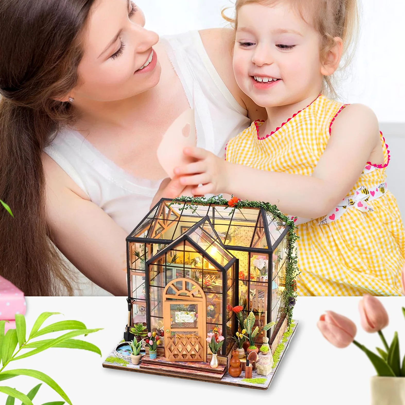 Kit Casa in Miniatura Artigianale 3D Serra in Legno Puzzle DIY | Set di Costruzione Serra con Mobili e Colla da Utensili Per Adulti Arredo Stanze Natale Compleanno Artigianato e Progetti