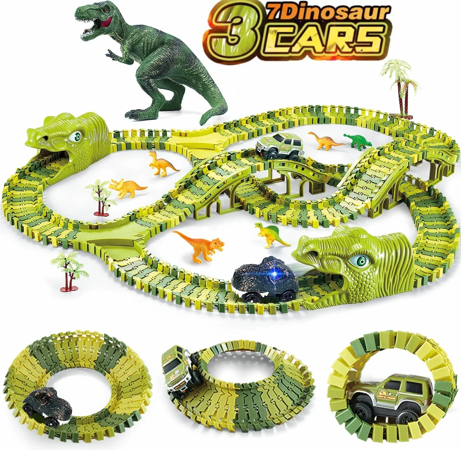 burgkidz Giochi di Dinosauri Pista da Corsa, 260 Pezzi Tracce Playset con 3 Auto e 7 Giocattoli, Regalo Educativo per Bambini