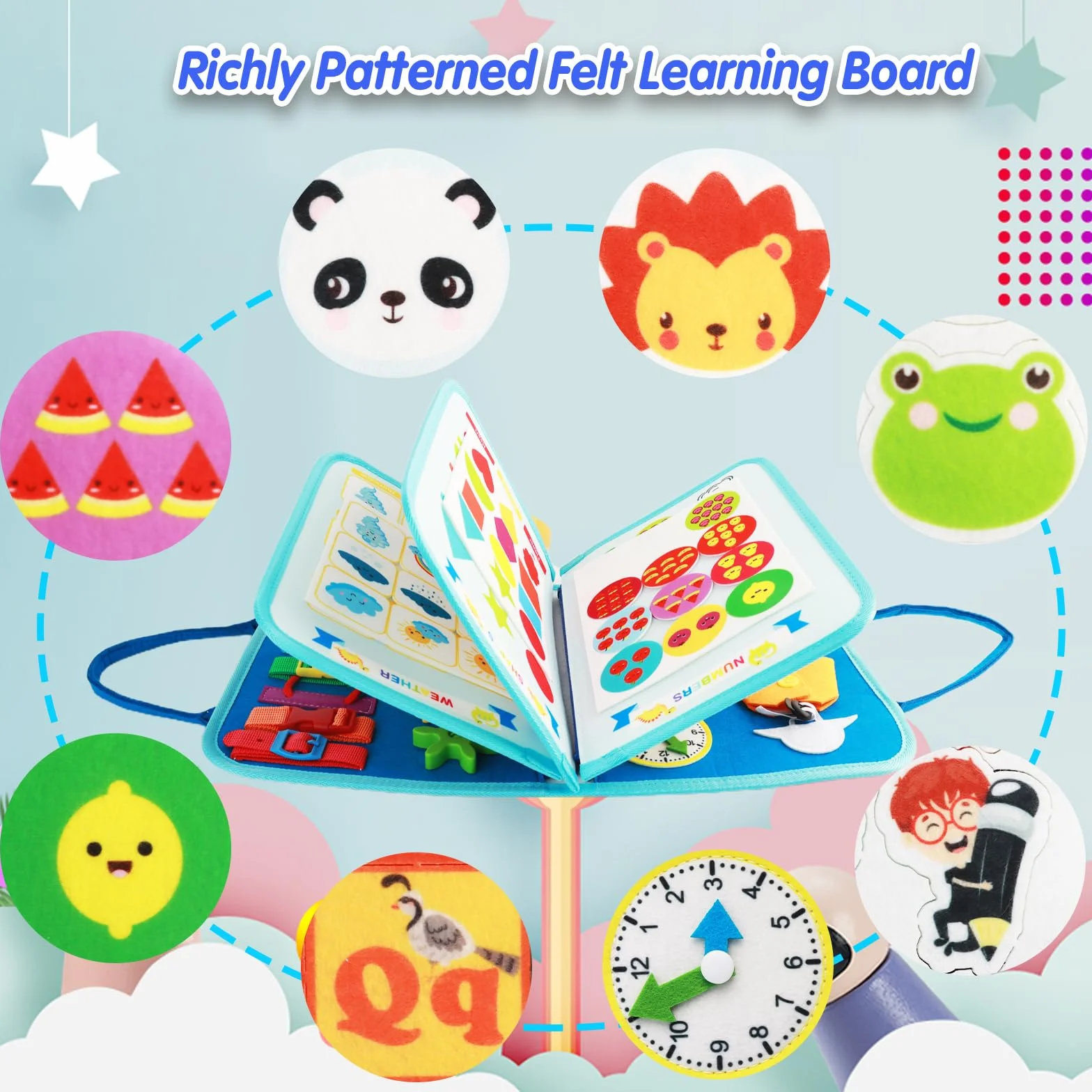 Busy Board Giochi Montessori 1 2 3 4 Anni, Libro Montessori Interattivo con 5 Strati, Pannello Sensoriale Bambini Montessori in Feltro, Libro Sensoriale Educativo Portatile per Infanzia