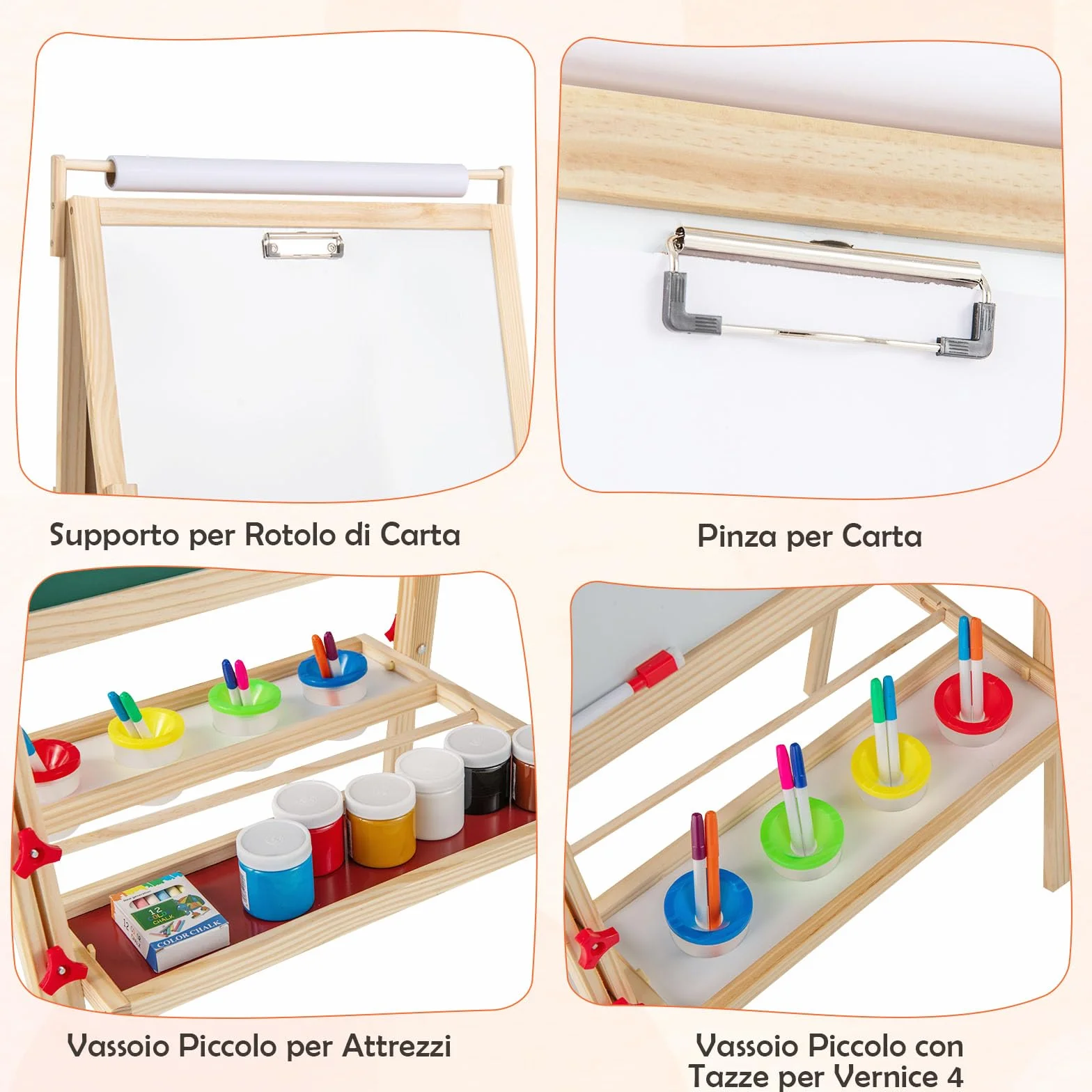 Cavalletto per Bambini in Legno Altezza Regolabile Doppia Faccia con Rotolo di Carta 2 Vassoi 4 Tazze