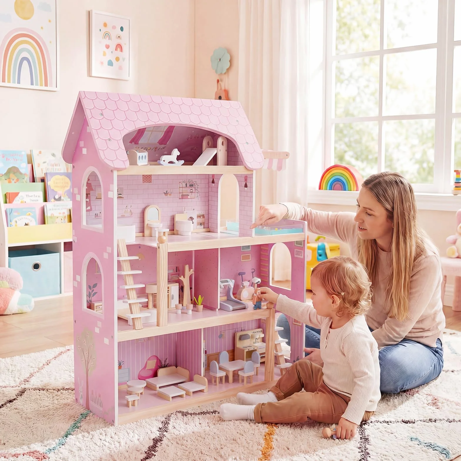 COSTWAY Casa delle Bambole in Legno, Casa Bambole con 4 Piani, 6 Stanze, Terrazza, Piscina e Scale, Casetta Giocattolo Educativo con 33 Mobili Accessori, per Bambini 3+ Anni, 63 x 25 x 78 cm (Rose)