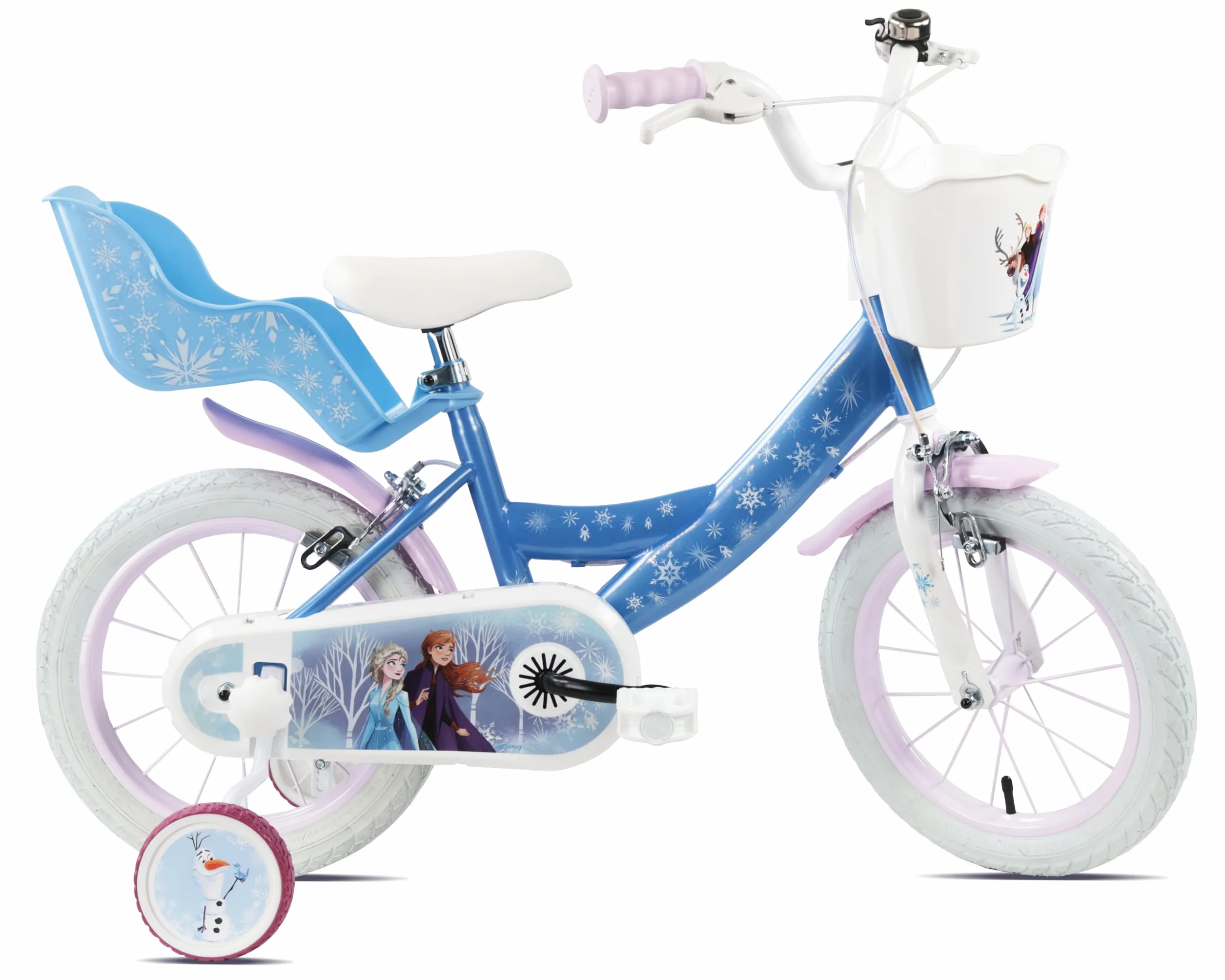 Denver Bike Bicicletta Bambina 14 Pollici Licensed Frozen, 3-5 Anni, Rotelle Removibili, Freni Caliper Anteriore/Posteriore, Telaio Acciaio, Ruote Gonfiabili, Trombetta e Portabambola