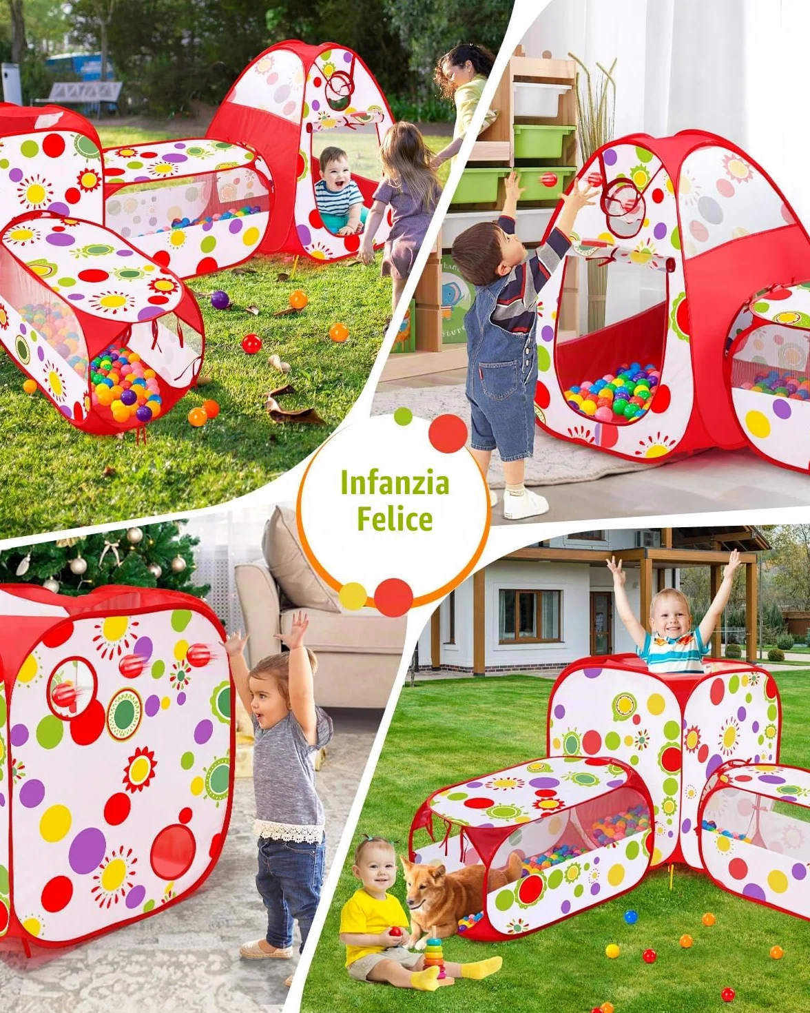 MAIKEHIGH Tunnel Gioco per Bambini, 4 en 1 Pop Up Tenda | Pieghevole Piscina Palline Interno Esterno Giardino Gioco Ragazzi Ragazze Compleanno Regalo