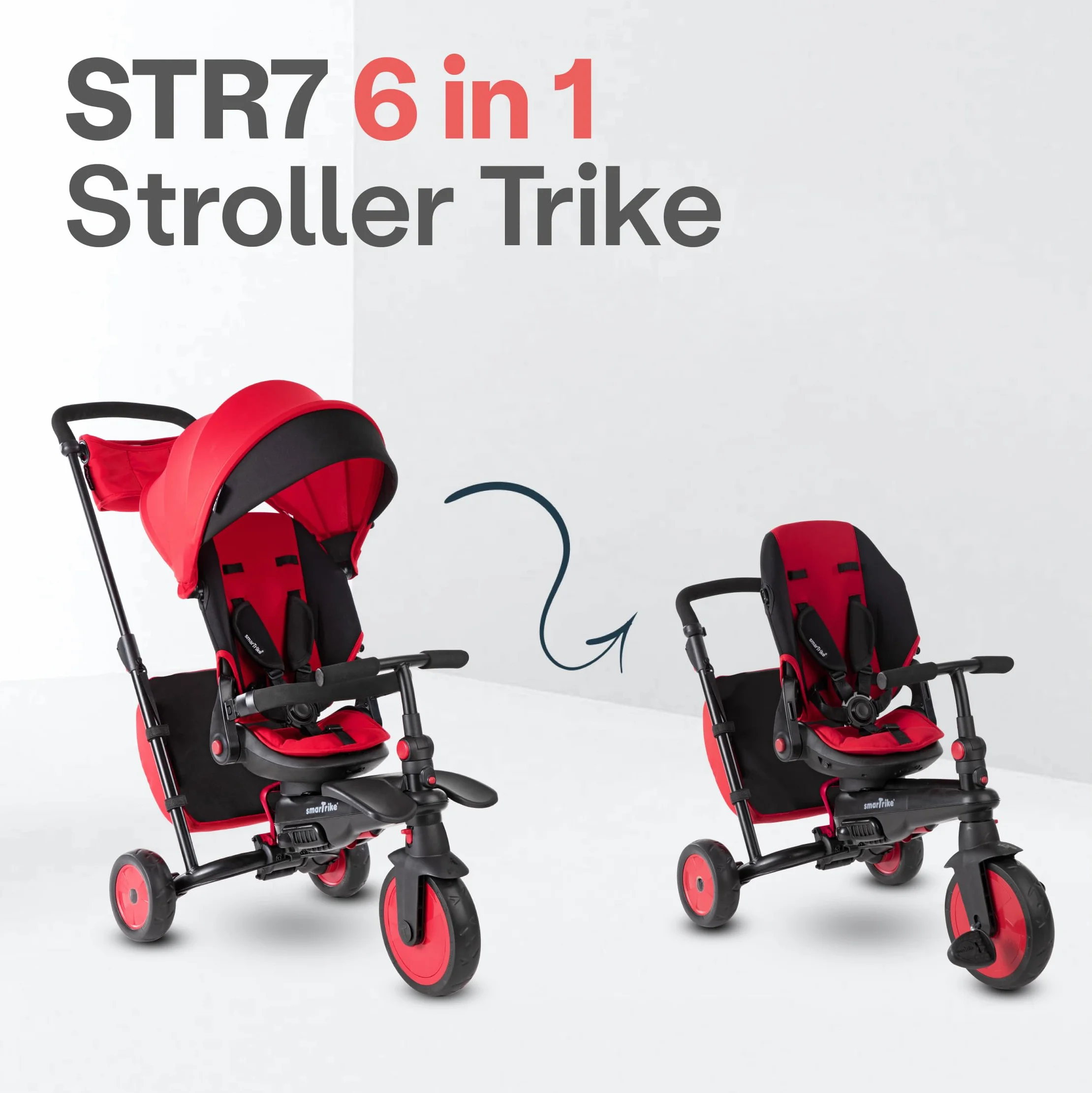 smarTrike STR7 - Passeggino a triciclo per bambini, compatto, triciclo facile da spingere, funge anche da bicicletta per bambini, triciclo deluxe dai 6 mesi in su, rosso e nero