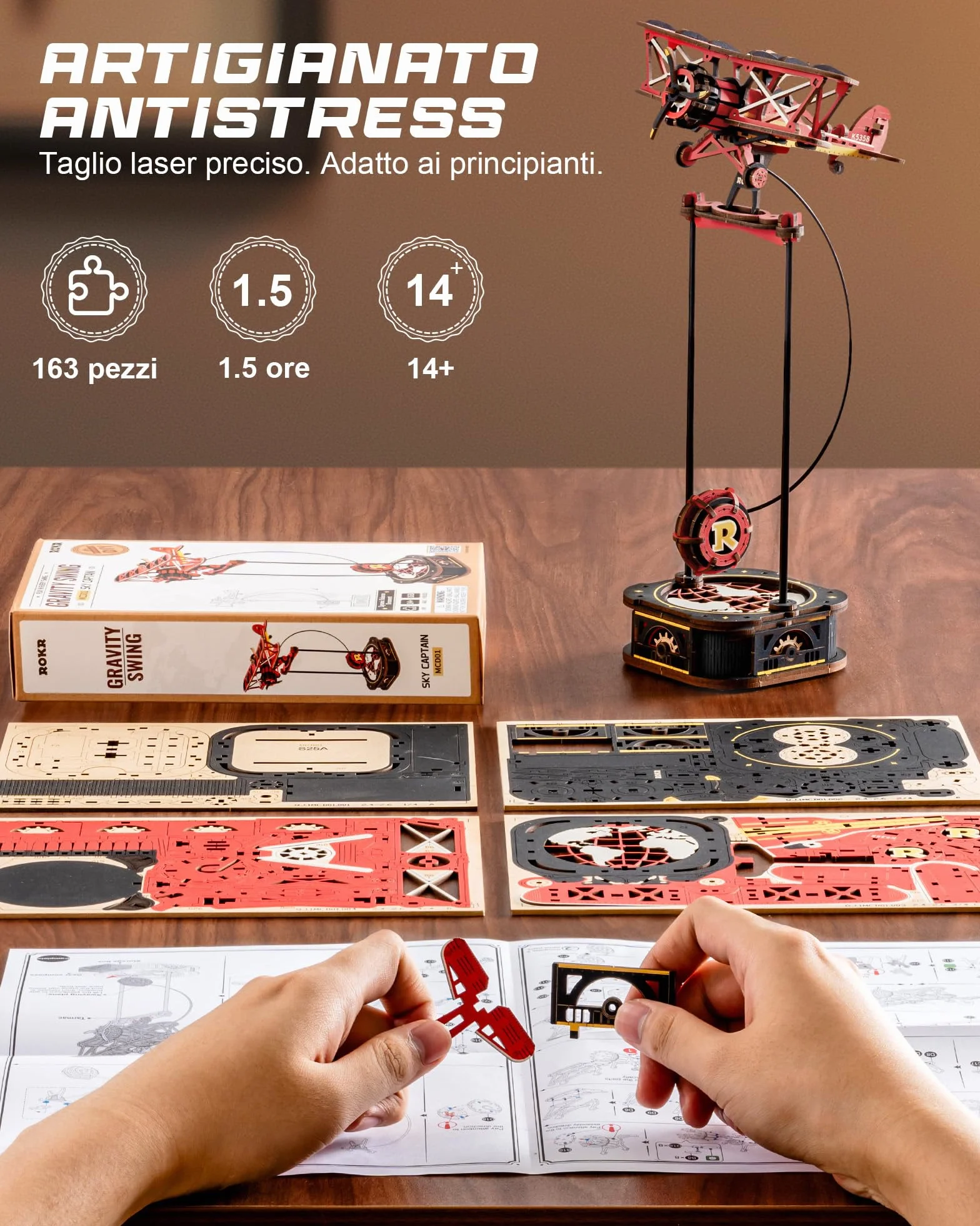 ROKR 3D Puzzle in Legno Aereo, Modellismo da costruire Adulti Capitano del cielo, Oscillazione Gravitazionale Decorazione, Regali per adulti e bambini, Sky Captain MCD01