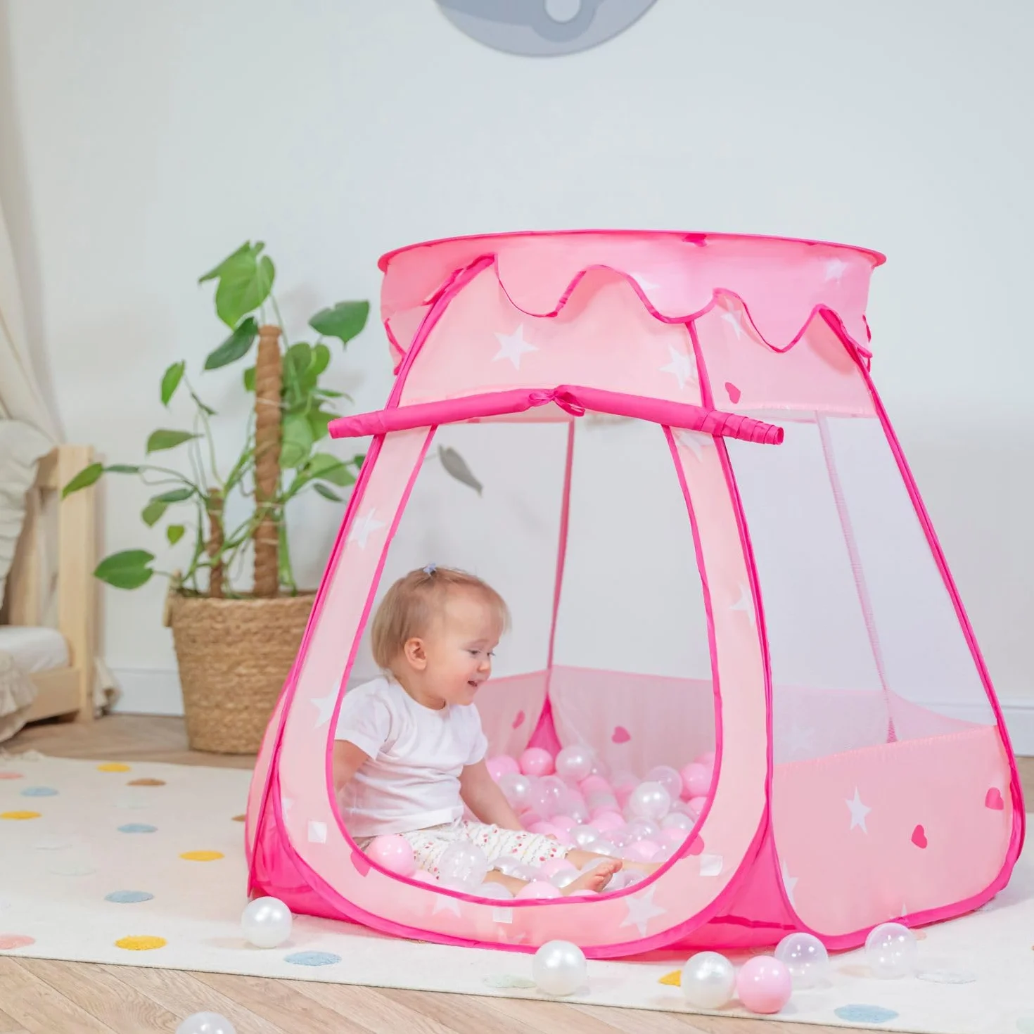 Selonis Tenda 105X90cm/100 Palline Castello Con Palline Colorate Per Bambini, Rosa:Rosa Chiaro/Perla/Trasparente