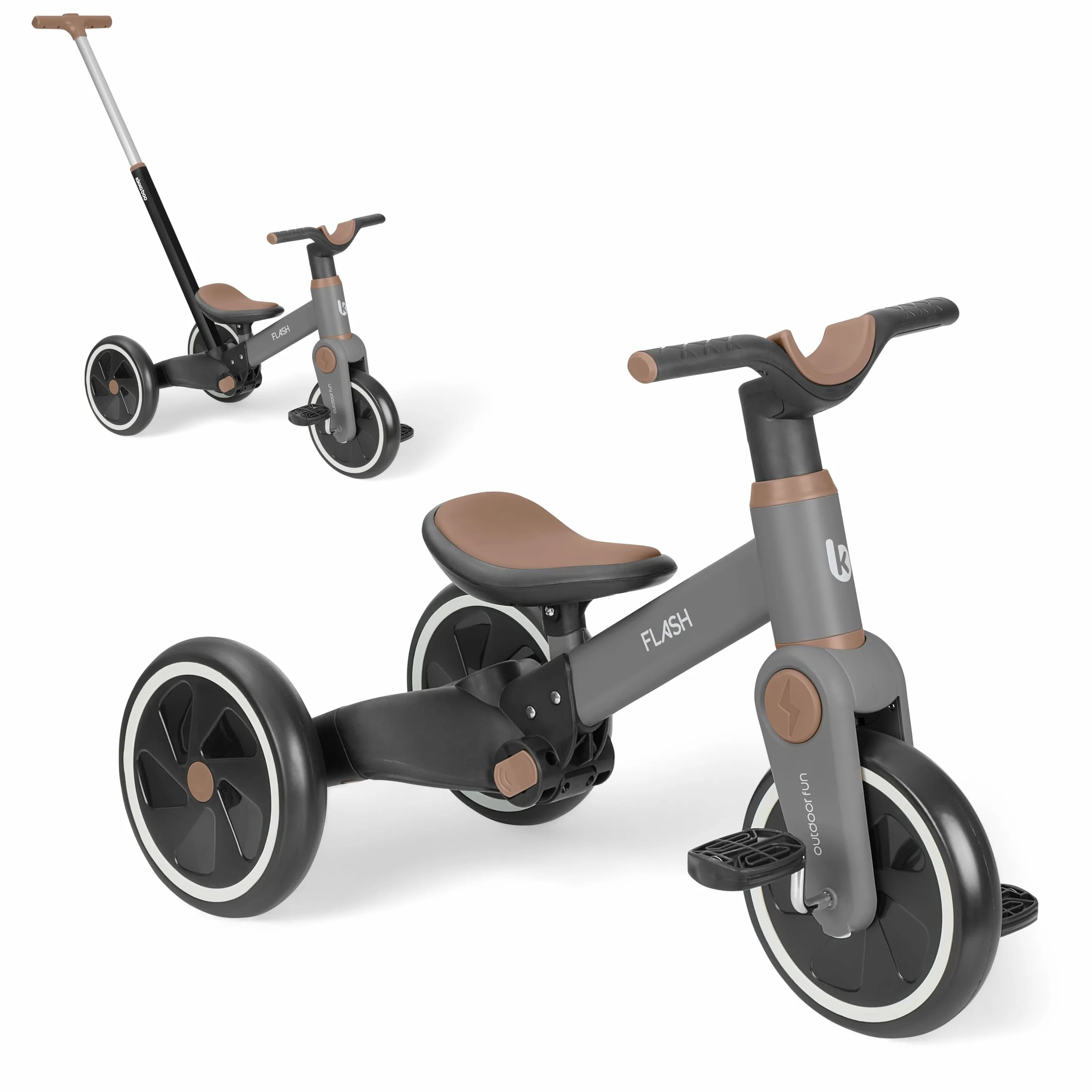 KikkaBoo Triciclo Evolutivo 5 in 1 FLASH, da 18 Mesi a 4 Anni, con Maniglione Regolabile per Genitori, Trasformabile in Bicicletta Senza Pedali, Leggero, Ruote EVA, Telaio in Acciaio, Grigio