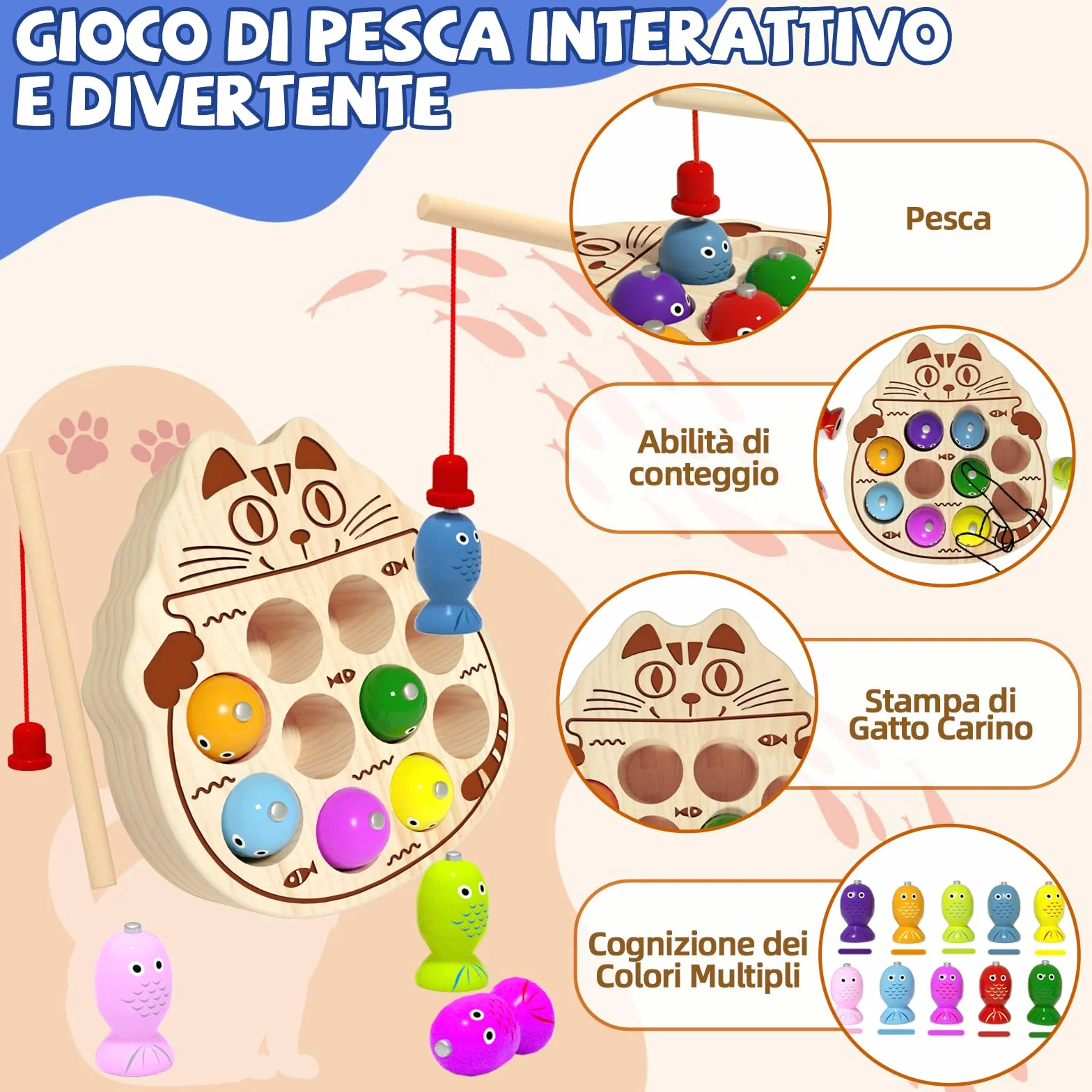 Giochi Montessori 2 Anni, Gioco Pesca Pesci Calamita 3 Anni con 10 Pesci 2 Canne da Pesca, Regalo Bambino per 2 3 4 Anni (Pesca al Gatto Carino)
