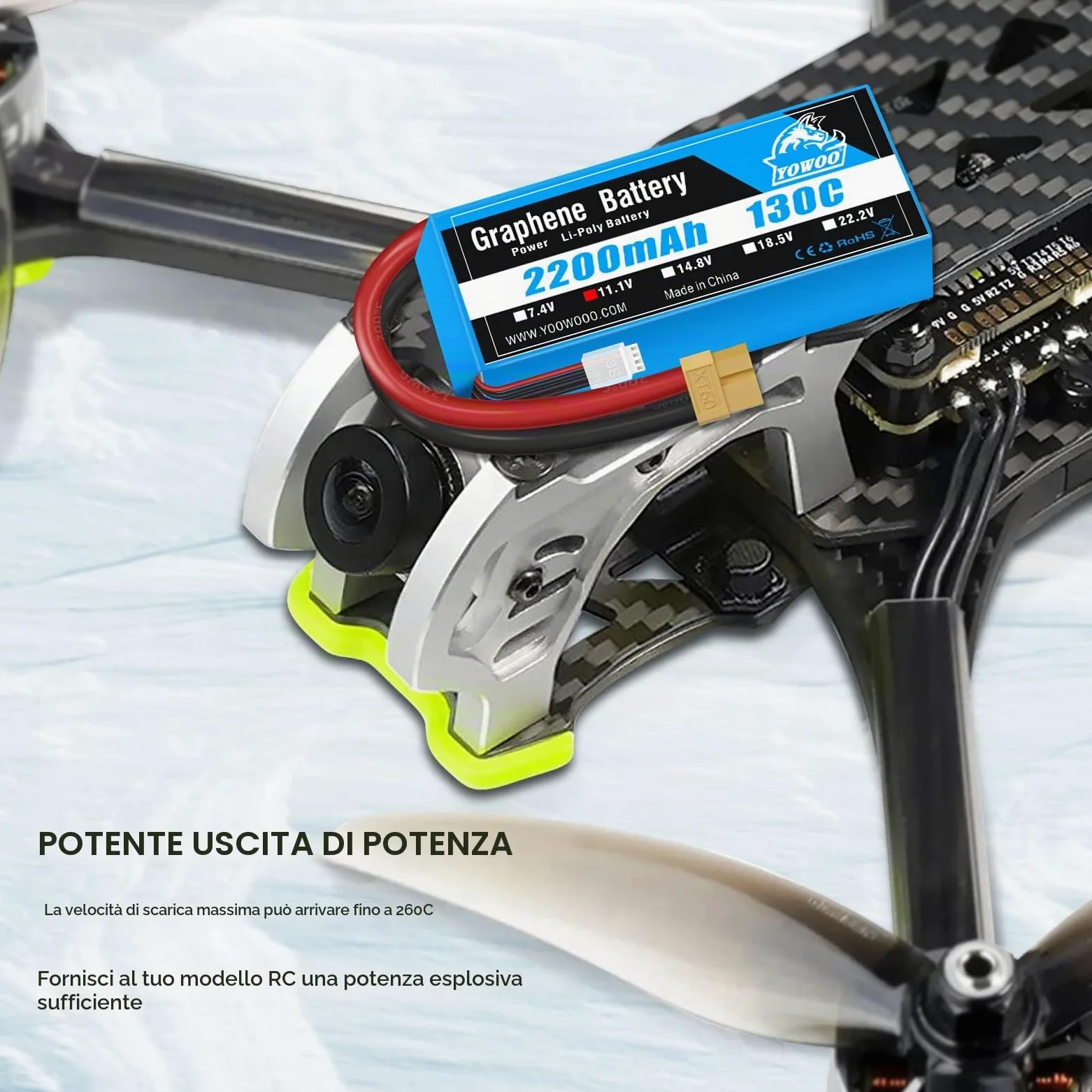 Yowoo 3S LiPo Batteria 2200mAh 11,1V 130C 3S RC Batteria Grafene con connettore XT60 spina per RC Auto Barca Camion Heli Aereo Quadcopter Elicottero Multi-Motore Hobby FAI DA TE (2 Batteria)