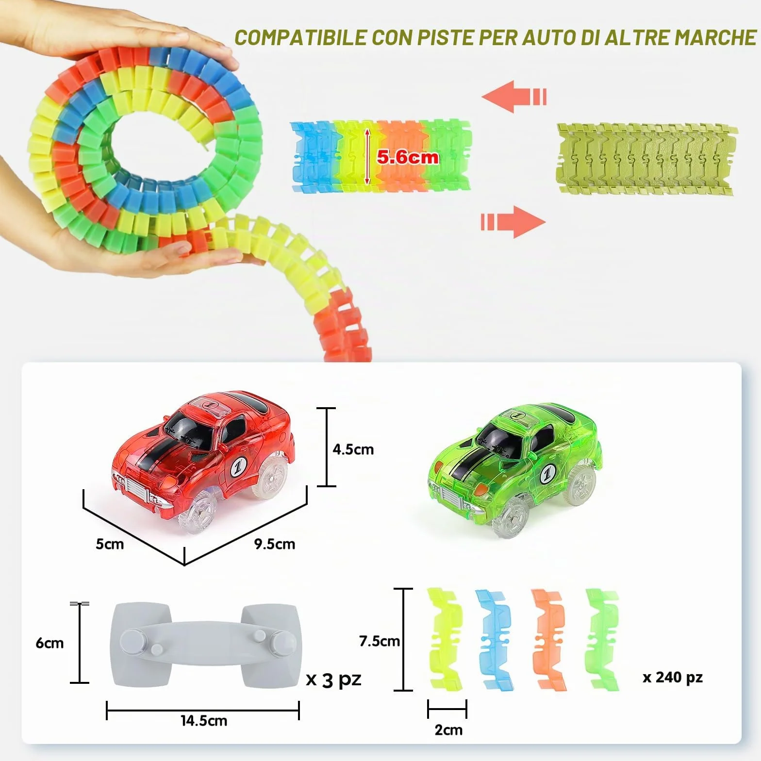 Giochi Bambini 3 Anni Pista Macchinine per Bambini - Giochi Bambino 3 Anni con 240 Pezzi Luminosa Flessibile Pista Macchinine e 2 LED Cars Macchinine Regalo Bambino Bambina 3 4 5 Anni Maschio