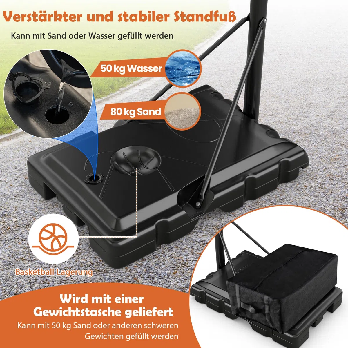 GYMAX Canestro da basket per esterni, altezza regolabile 204-358 cm, supporto da basket con ruote e base riempibile, impianto mobile per adolescenti e adulti