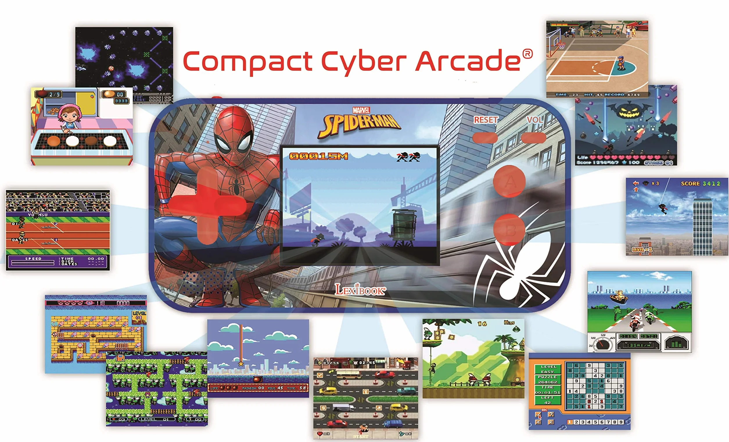 Lexibook, Spider-Man, Cyber Arcade compatto, console portatile, 150 giochi, schermo LCD a colori, funzionamento a batteria, blu/rosso, JL2367SP