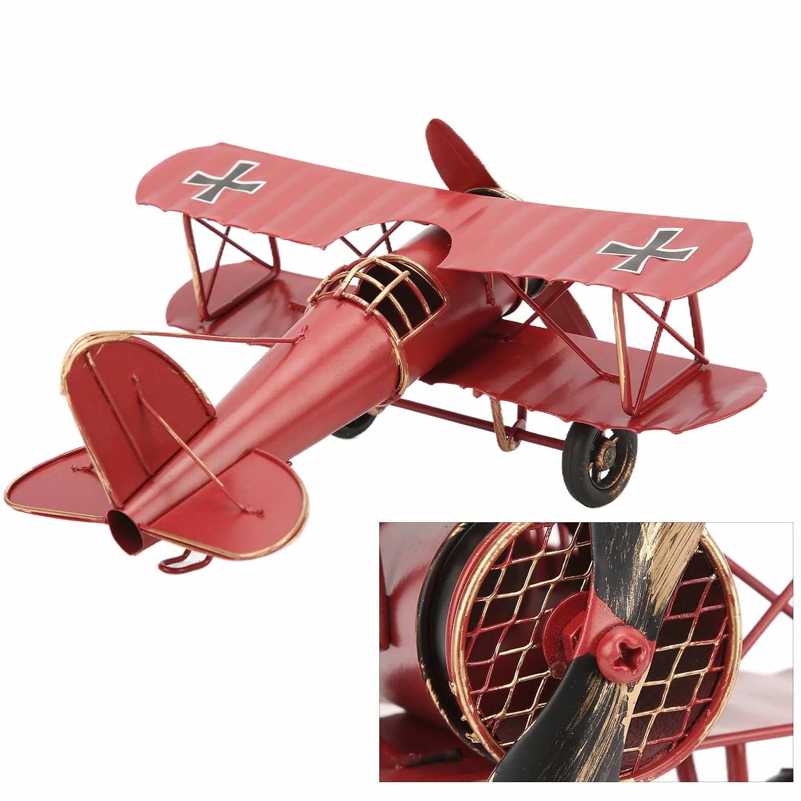 Modello Aeroplano retrò Biplane Vintage Artigianale Delicato Tricolore Decorazione Ornamento Rosso