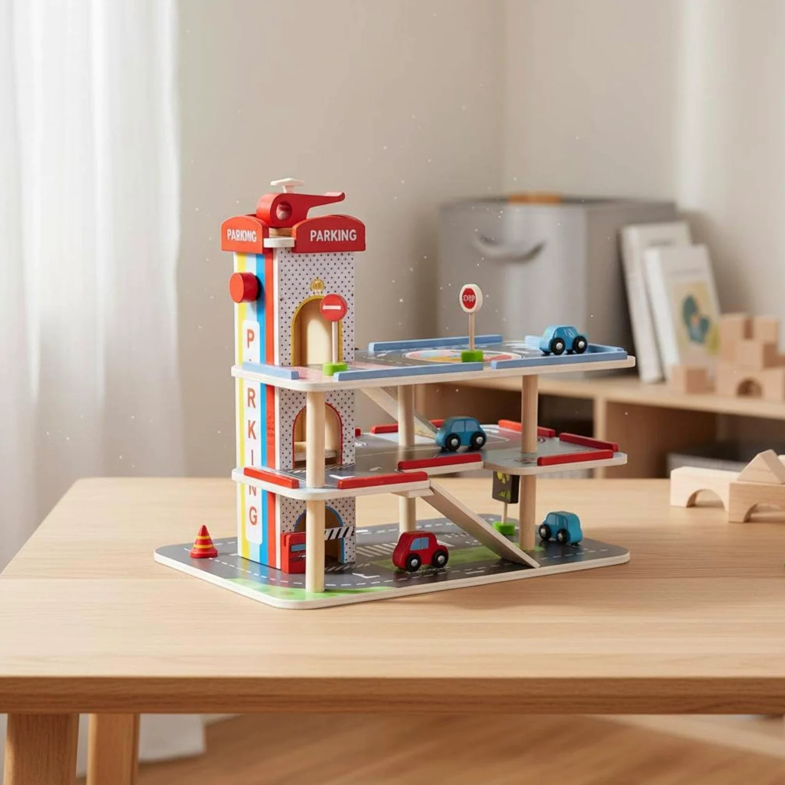 Parcheggio Giocattolo per Bambini Autorimessa in Legno Multilivello Gioco Educativo Ascensore Manuale Helipad Adatto a Giochi Interattivi E Cameretta, M-Parcheggio Piccolo