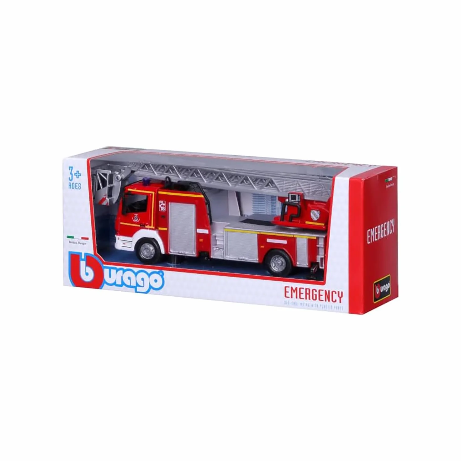 Bburago B18-32018 Camion dei Pompieri Mercedes ATEGO Magirus DLK pressofuso con Braccio funzionante, Rosso, Medio