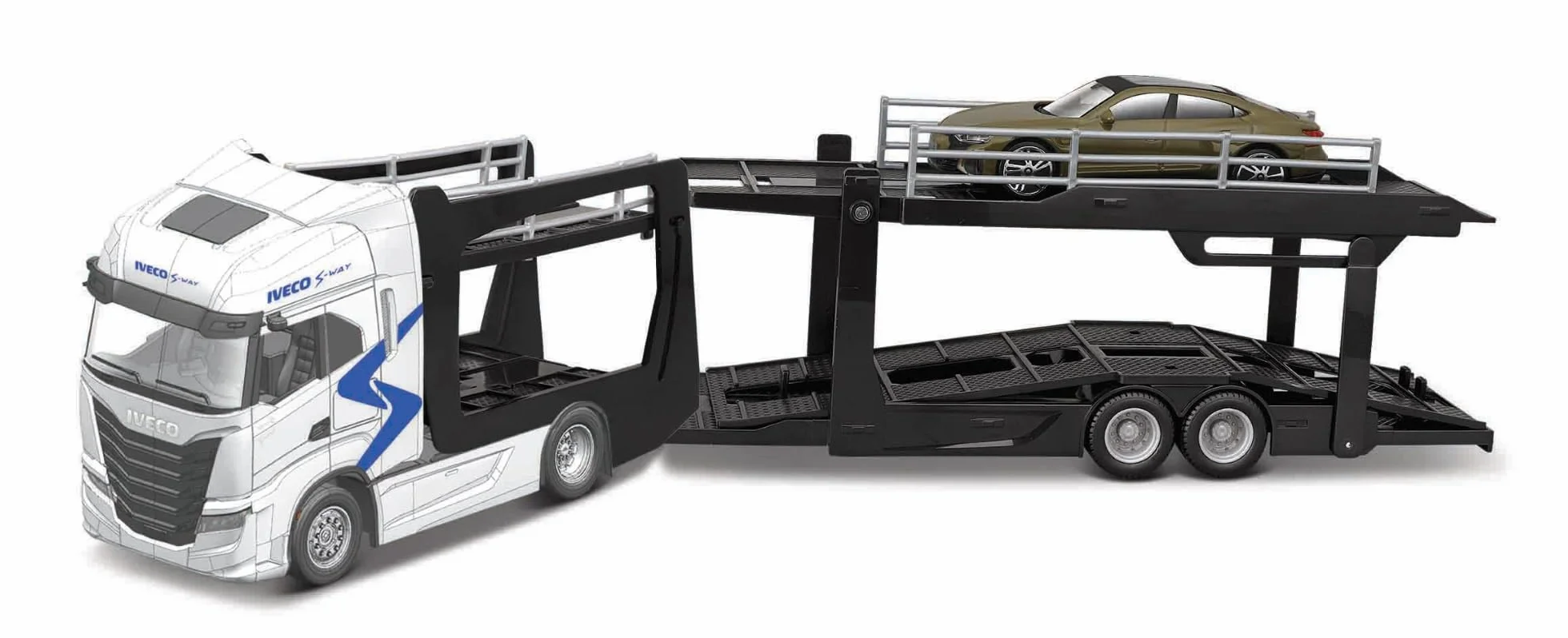 Bburago - Bisarca IVECO S-Way con Rimorchio e Audi E-tron GT 1:43, Veicolo Diecast Blu Metallizzato, Modello Statico Dettagliato con Licenza Ufficiale IVECO e Audi, Età Consigliata 3+ Anni