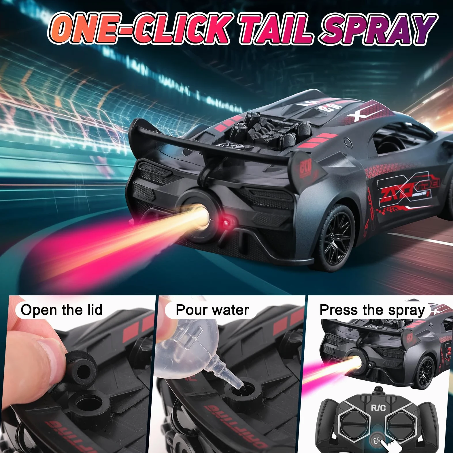 Bugetti Macchina Telecomandata per Bambini 3-12 anni Modellino RC Car, 1:18 Auto Telecomandata Bambino con Spray, Batteria Ricaricabile, Luce LED, Natale Compleanno Regalo per Ragazzi, Rosso