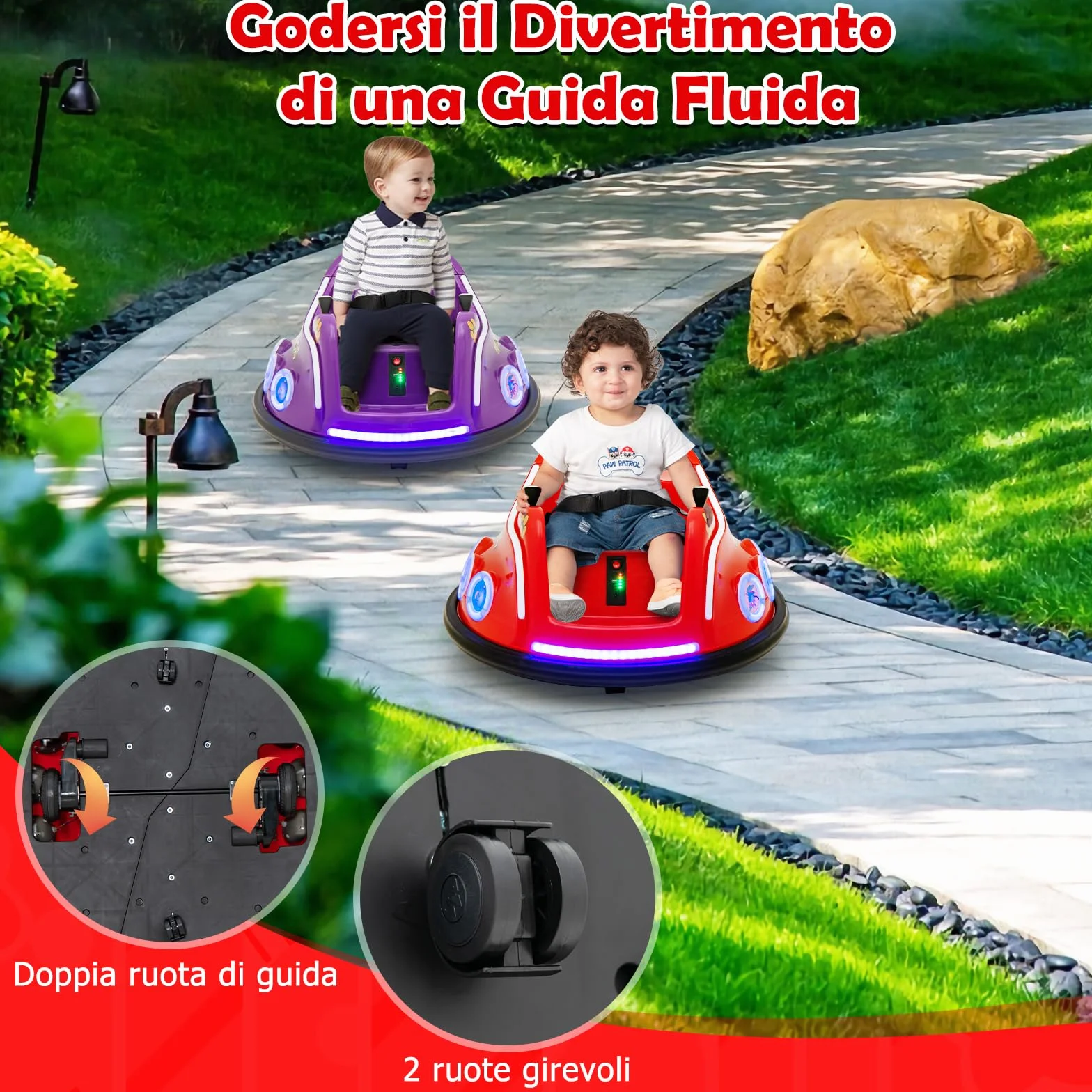Auto Elettrica 12V per Bambini 3+ con Telecomando 2,4G, Rotazione 360°, Luci e Musica, 73x73x43 cm Rosso