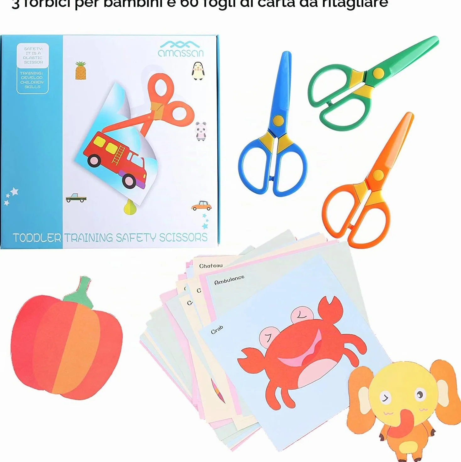 Forbici Sicurezza Bambini 1-3 Anni + 60 Fogli per Taglio | Punta Smussata Ergonomiche, Sicure per Asilo e Scuola Materna | Strumento Educativo per Sviluppo Motorio Infantile