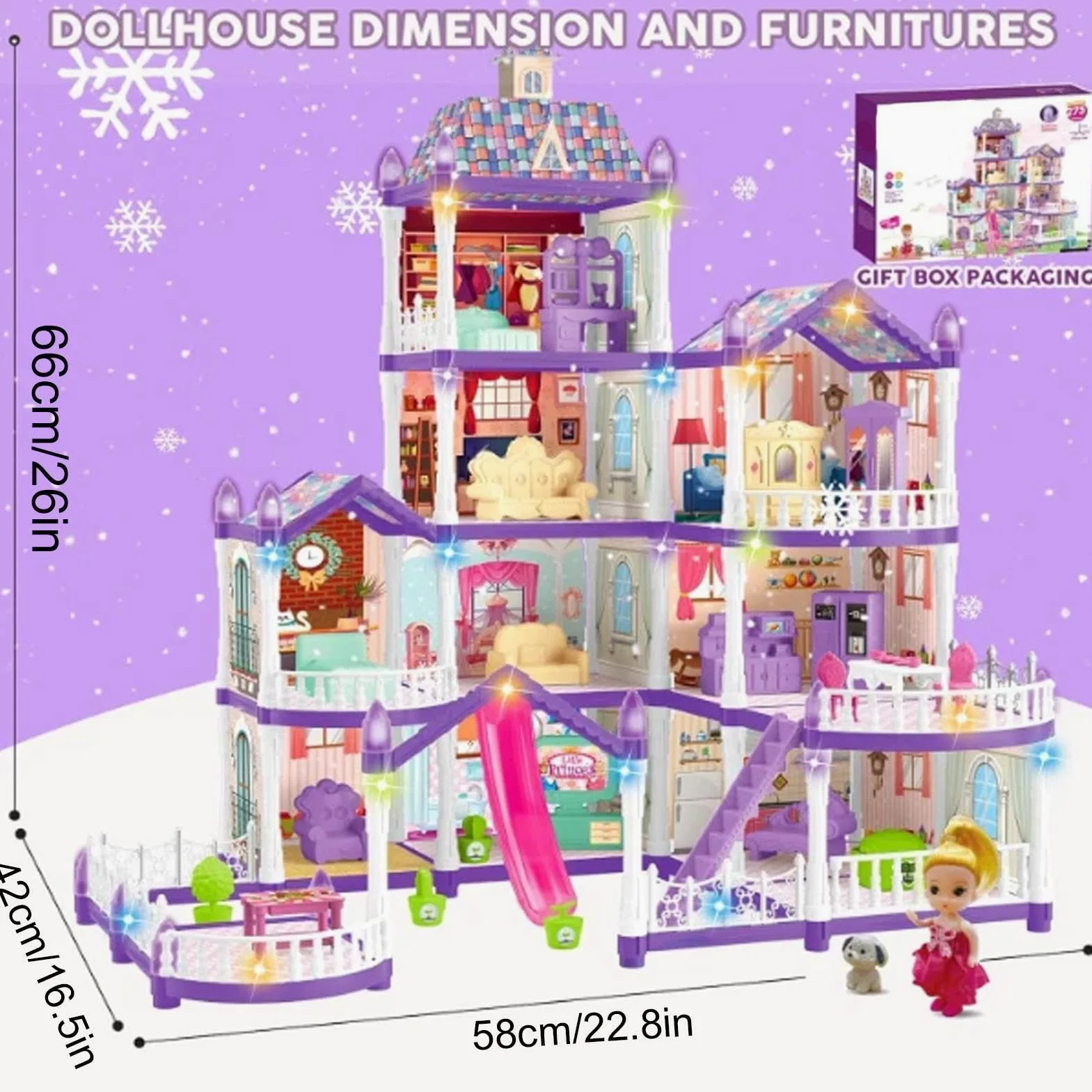 Casa delle Bambole per Ragazze 4 Piani 13 Stanze Villa Miniatura Da Montare | Villa con 3 Principesse, 2 Cuccioli e Arredamento Per Bambine 4-6 di Ruolo Indoor Regalo per Feste
