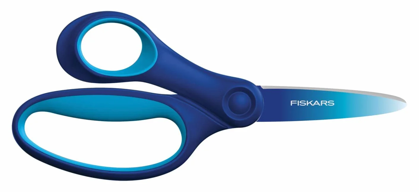Fiskars Forbici per Bambini da 8 a 11 Anni, Per Mancini, SoftGrip, Lunghezza: 15 cm, Effetto Ombre, Blu, 1067854