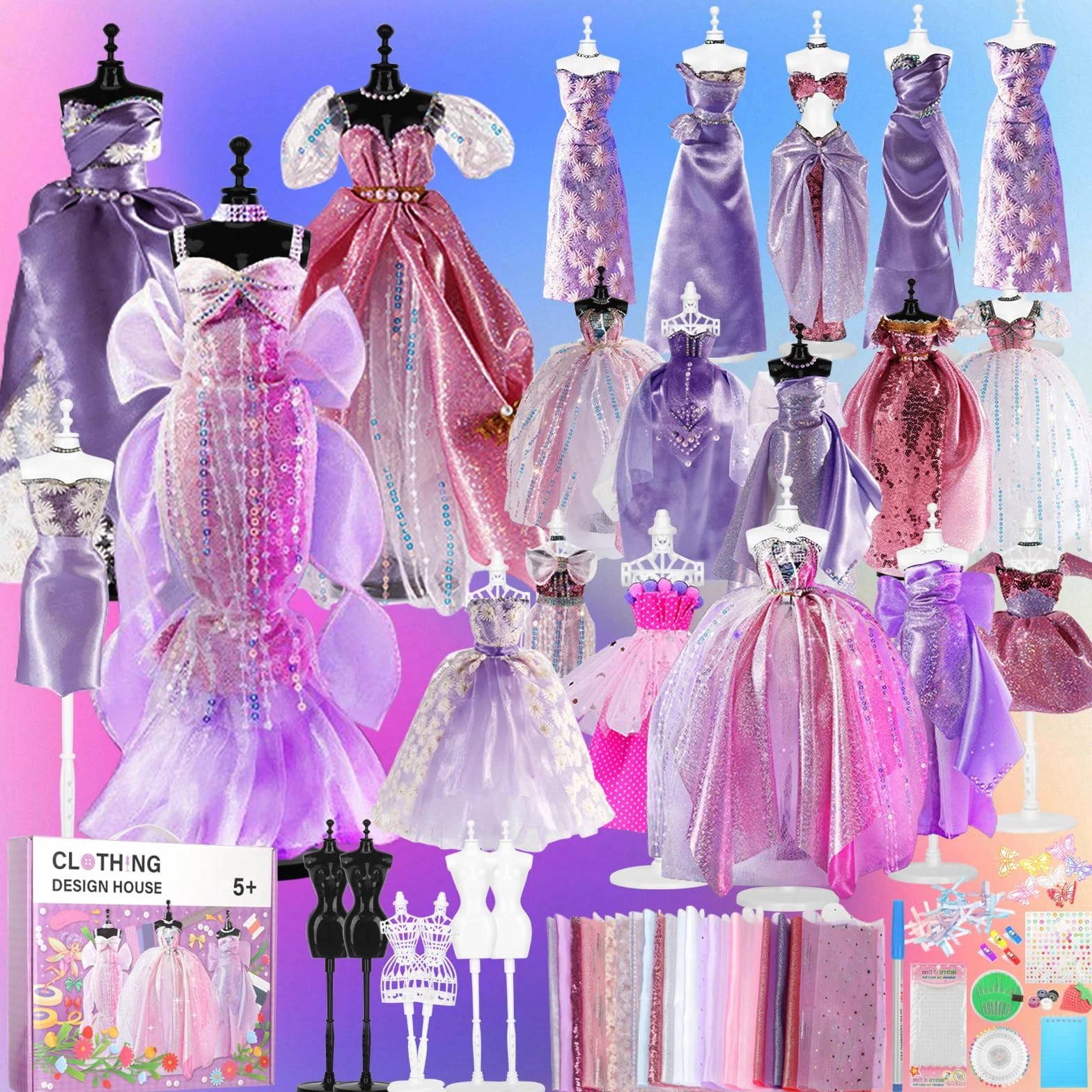 YOCOLE 1500+ Pezzi Fashion Designer Kit, 6 Manichini Moda Cucito Giochi Lavoretti Creativi Arte e Artigianato, Playset Manichino Stoffe Quaderno, Regalo Bambina 6 7 8 9 10 11 12+ Anni