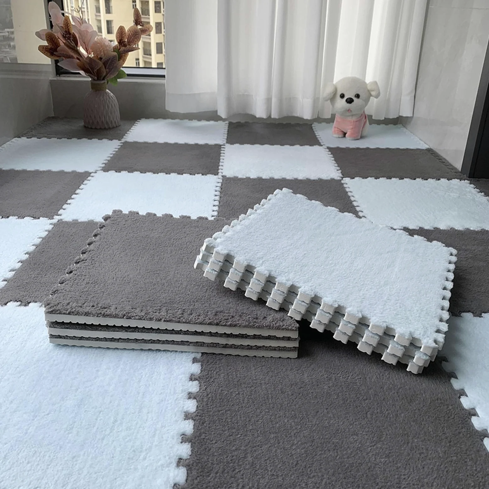 Tappeto ad Incastro Splice, 24 Pezzi, Tappeto ad Incastro a Puzzle, Tappetino in Schiuma di Peluche, Tappeto ad Incastro Quadrato, Tappeto in Schiuma per Gattonare in Cam,Gray+Blue