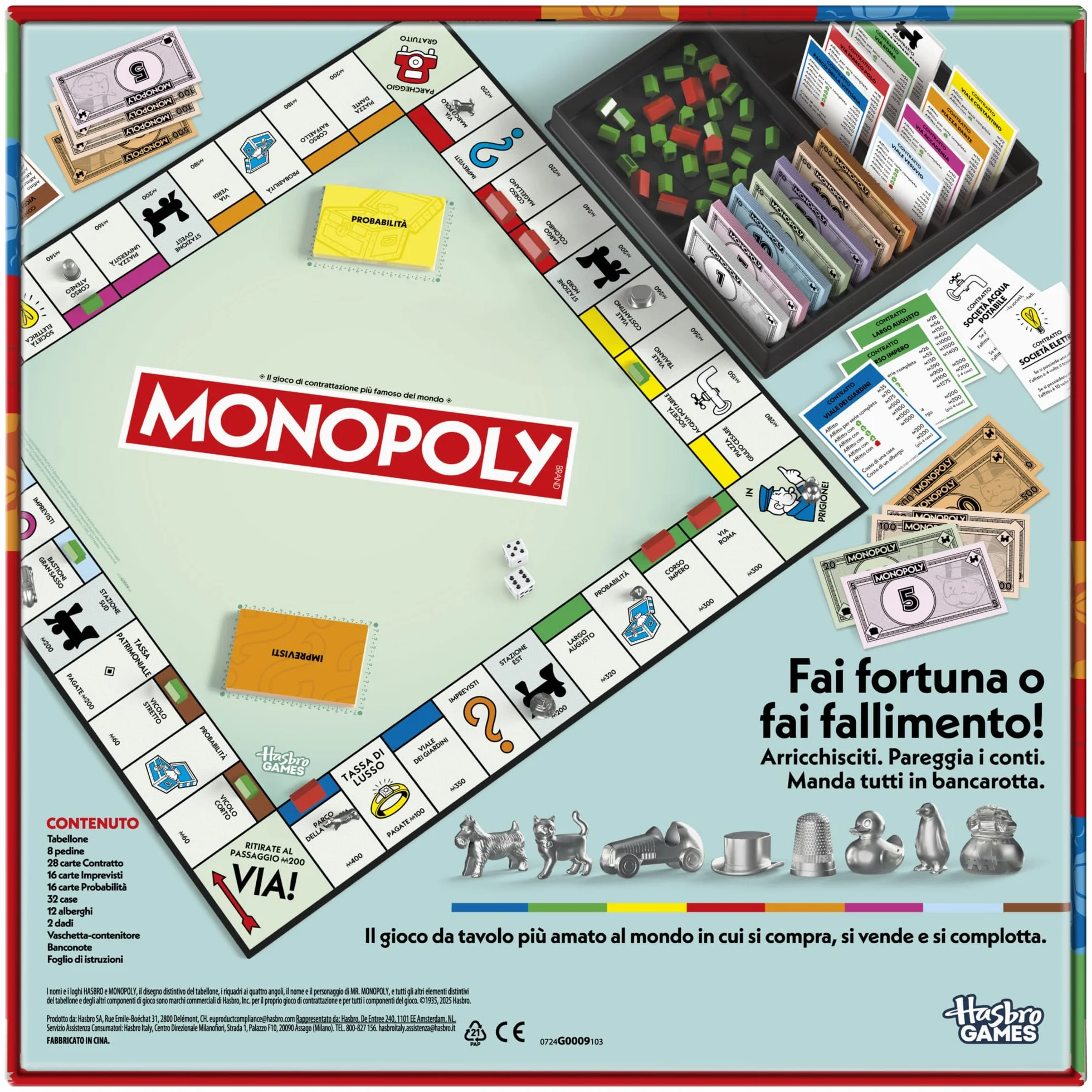Monopoly Gioco da Tavolo Hasbro per Famiglia 2-6 Giocatori 8+ Anni Italiano Vaschetta Contenitore Pedine Grandi