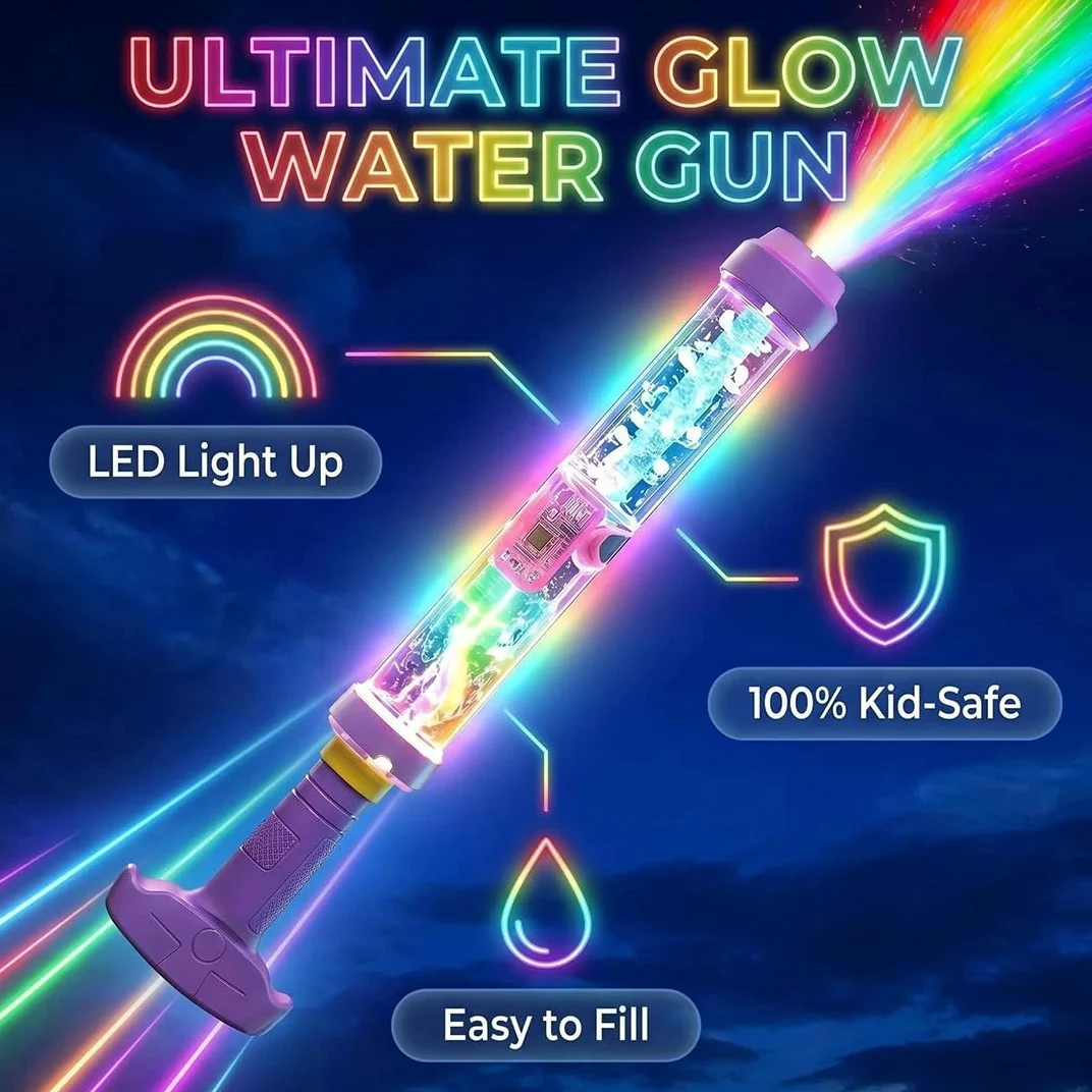 Blaster ad acqua a LED arcobaleno incandescente, spara fuochi d'artificio, divertimento estivo che si apre come per magia, pistola ad acqua arcobaleno per feste in piscina all'aperto giochi d'acqua