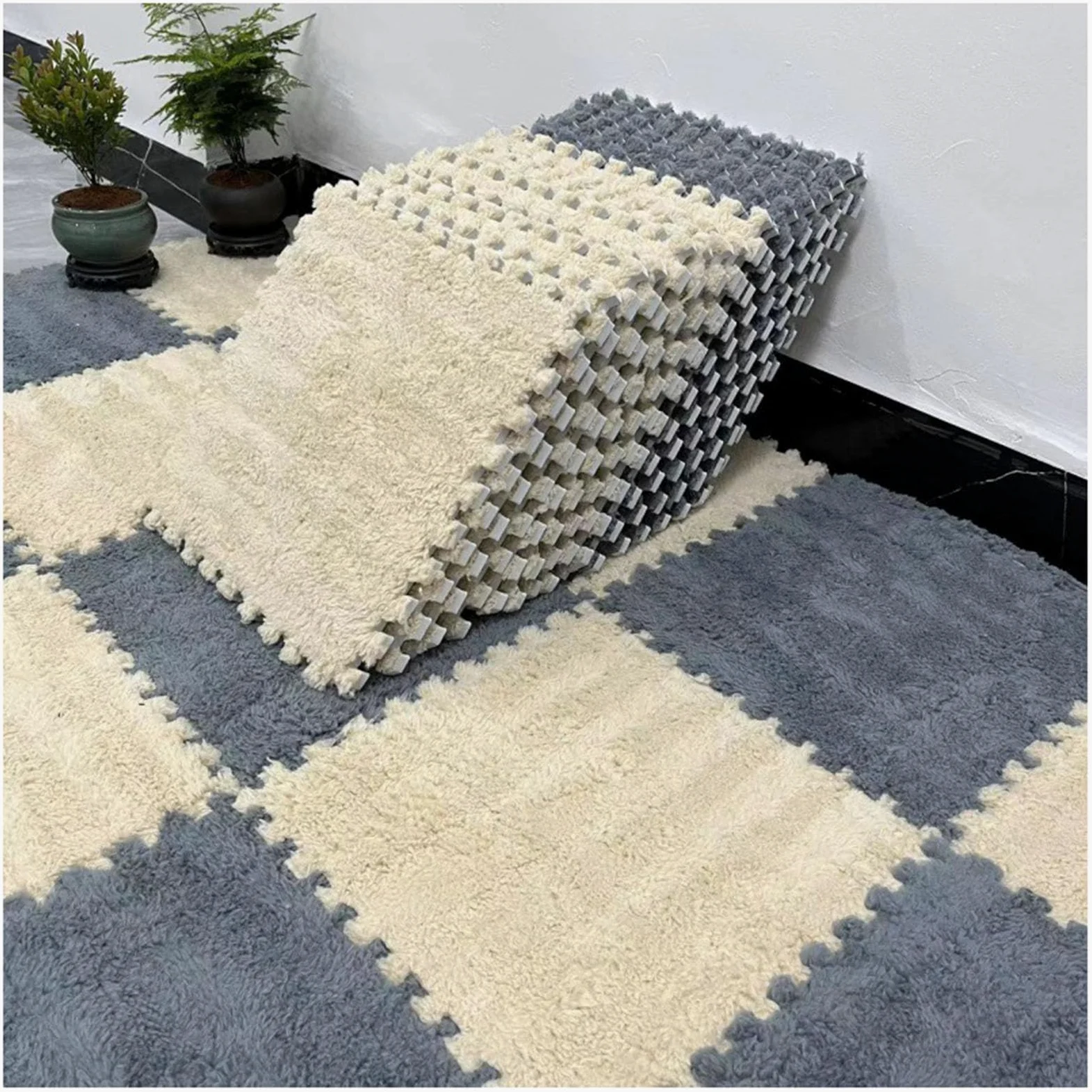 Tappeto Quadrato in Peluche Splice Interlocking Carpet, 10 Pezzi Tappeto Quadrato in Schiuma ad Incastro, Tappeto Morbido Antiscivolo ad Incastro, Tappeto in Schiuma di p,Gray+Apricot