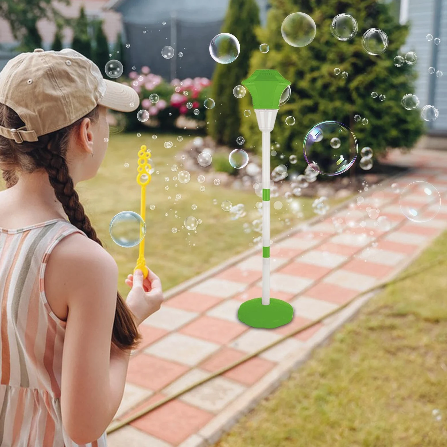 Macchina bolle bacchetta Soffice giocattolo ricaricabile 10 fori a lampione | con Musica e Luce LED, Altezza Regolabile, Picchetto da Terra e Bacchetta Autoportante Per Spiaggia Giardino