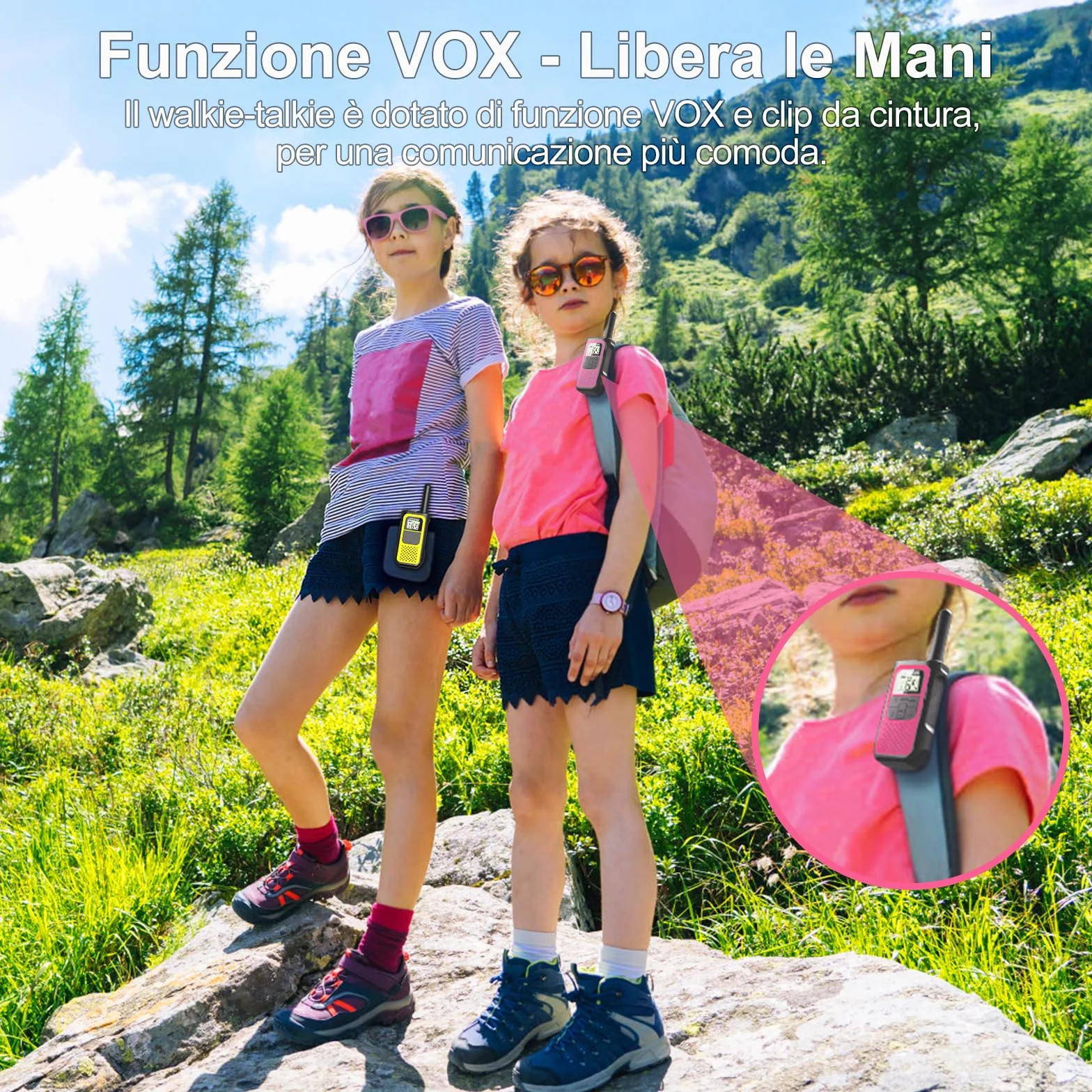Walkie-Talkie Ricaricabili 1200mAh Batteria al Litio 16 Canali VOX Lungo Raggio per Bambini Adulti Campeggio Escursioni
